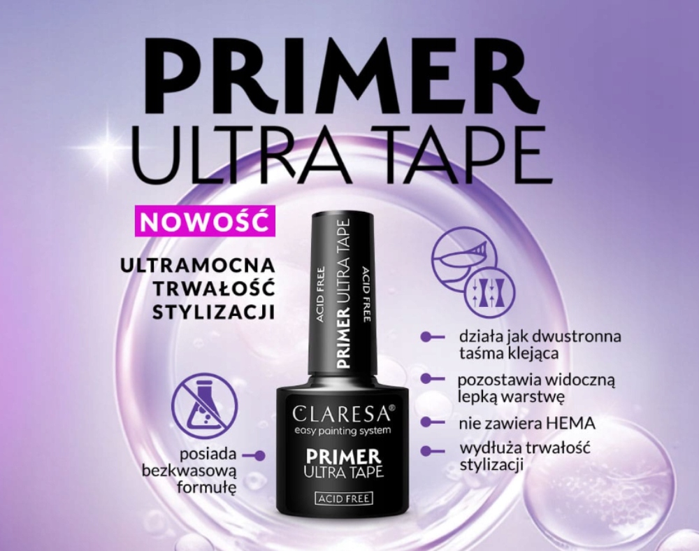 CLARESA PRIMER ULTRA TAPE ZWIĄKSZA PRZYCZEPNOŚĆ MASY HYBRYDOWEJ I ZELOWEJ Zakres pojemności 0-49 ml