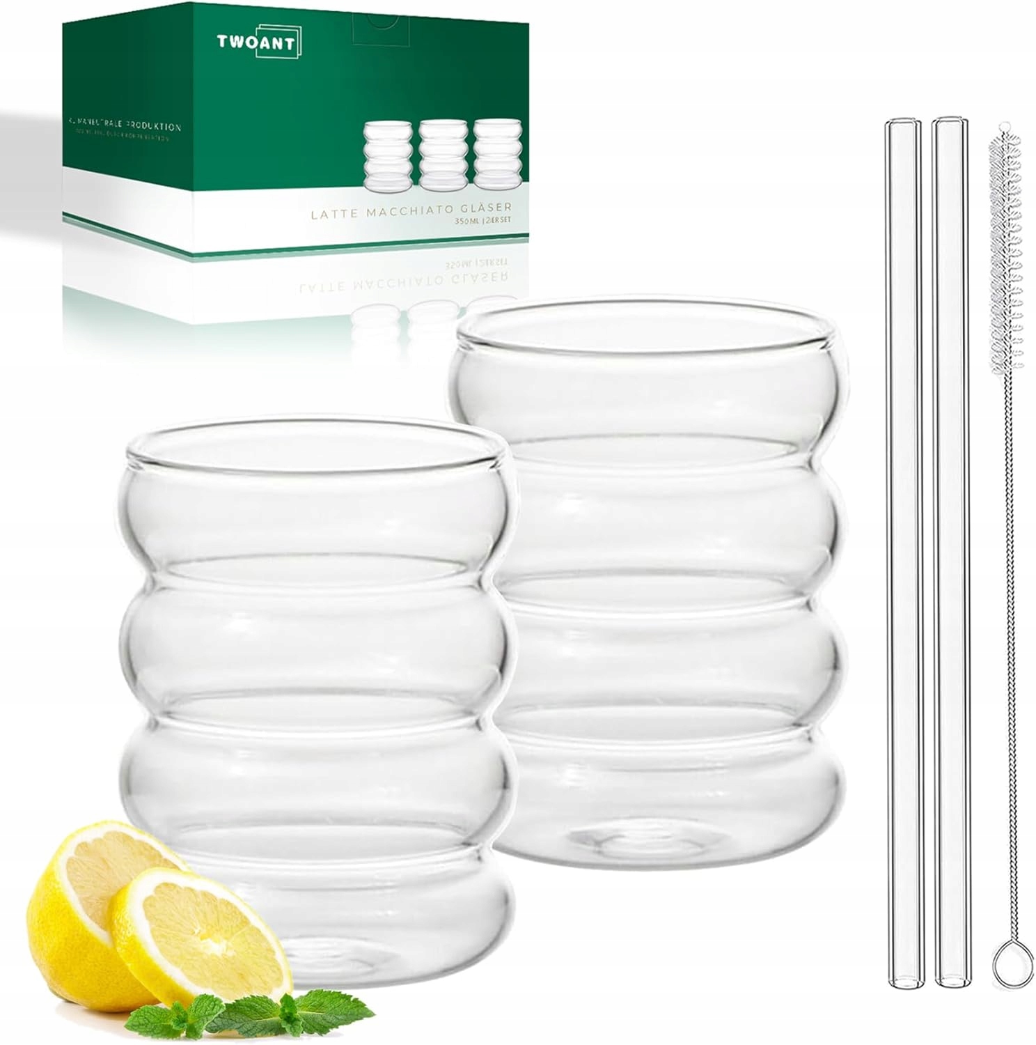 Žebrované Sklenice Na Pití 6 Ks 350 ml Skleněné Brčka Retro Set
