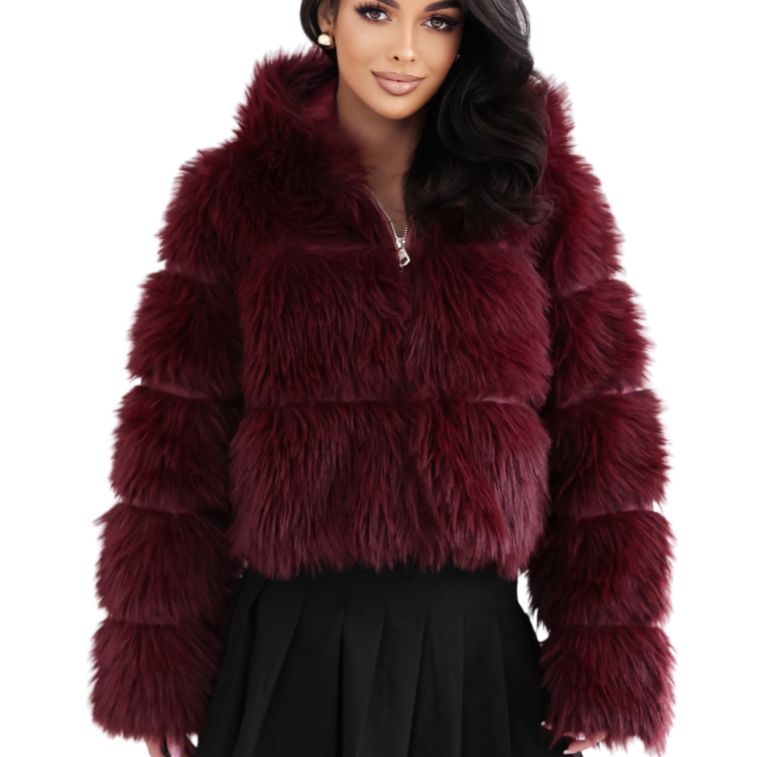 Kožíšek s kapucí krátká dámská kožešinová bunda vínová Uni S M