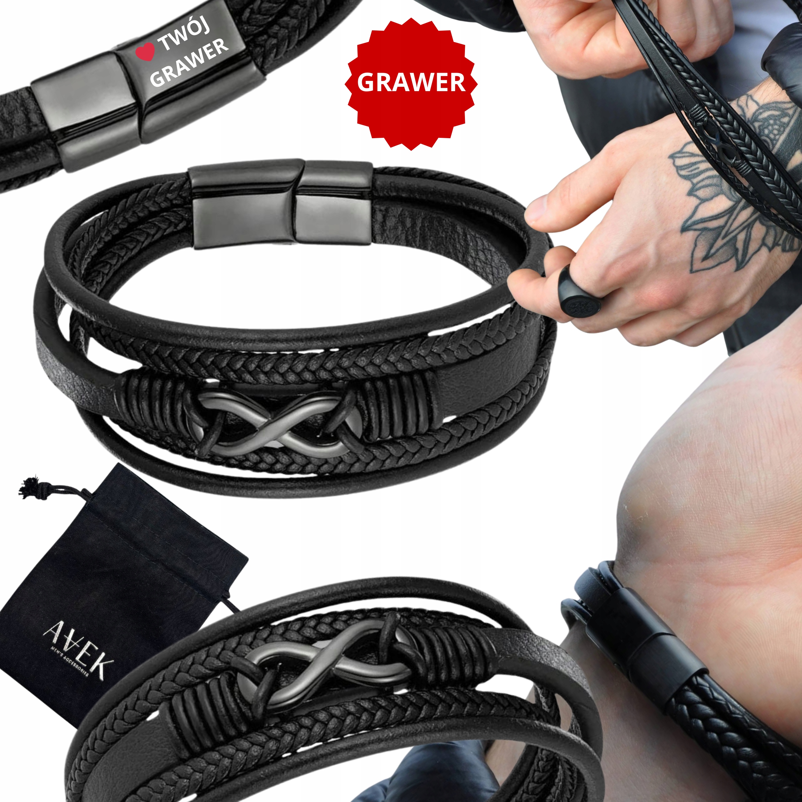 Pánský Kožený Náramek S Gravírováním Gravírování Černý Znak Nekonečna 23 CM