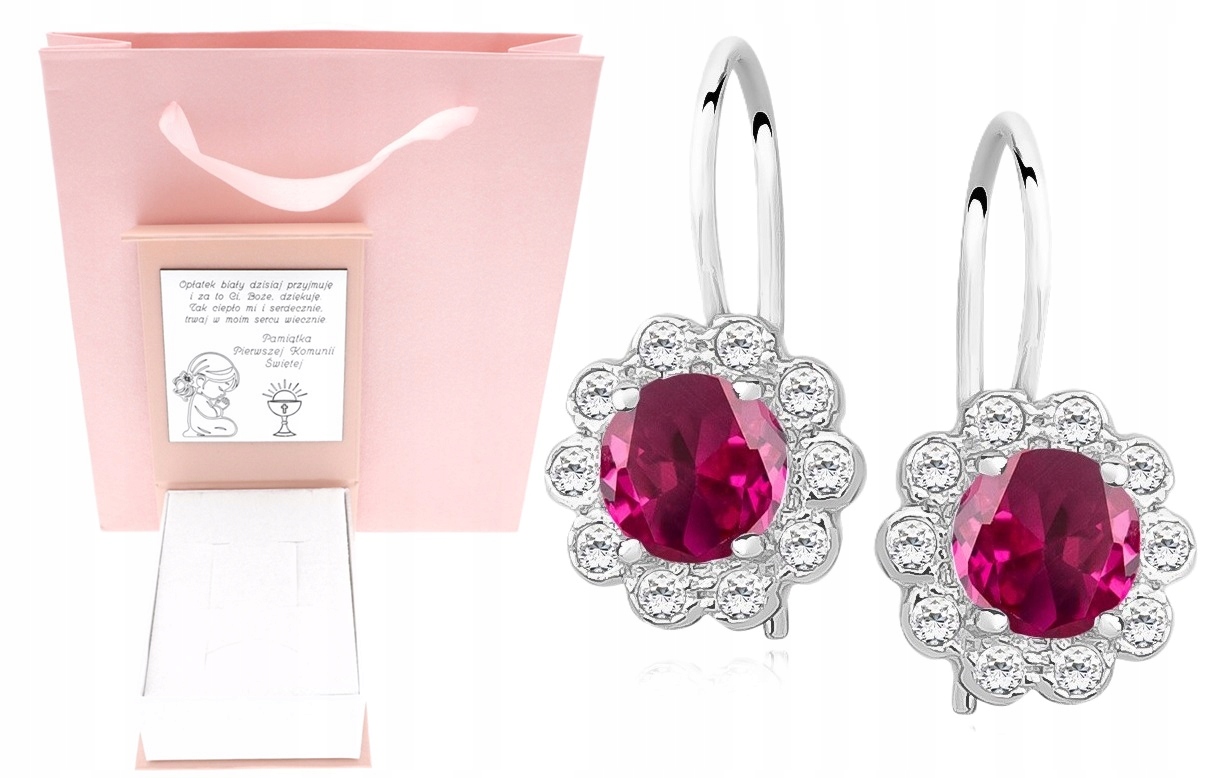 Stříbrné dětské náušnice rubín zirkon Svaté Přijímání Křest Roček Gravírování