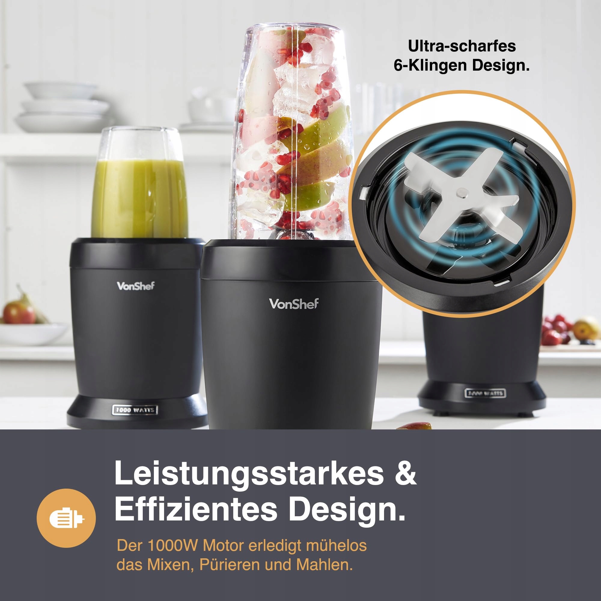 VONSHEF Mikser Smoothie Maker Do Owoców Warzyw i Lodu 1000W 500ml 800ml — miniatura 5