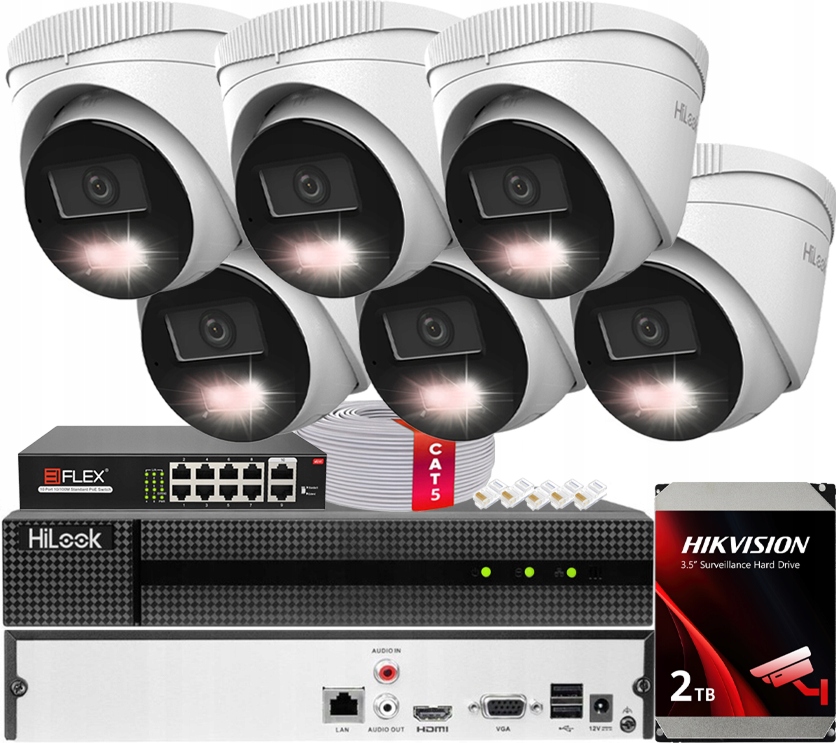 Sada na monitorovanie 6x IPCAM-T8-30DL 8MPx HiLook od spoločnosti Hikvision Detekcia Ai