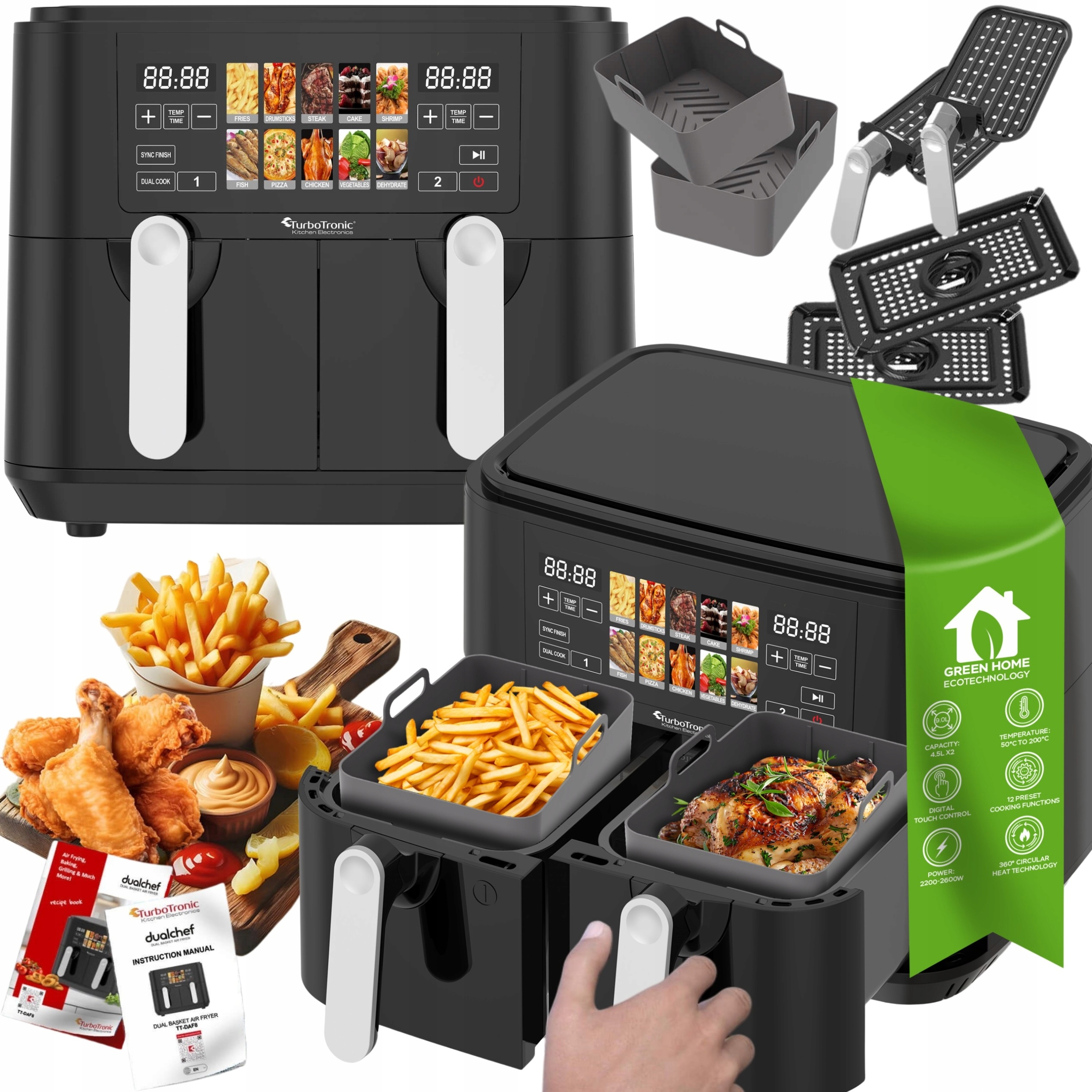 Frytownica Beztłuszczowa 9L Air Fryer 2x4.5L 2200W Metalowe Wnętrze Grill