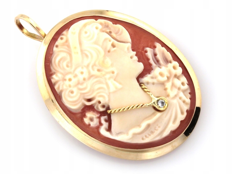 Dámská zlatá brož 585 Kamea 3.23 g s špendlíkovým zapínáním a přívěskem 14kt