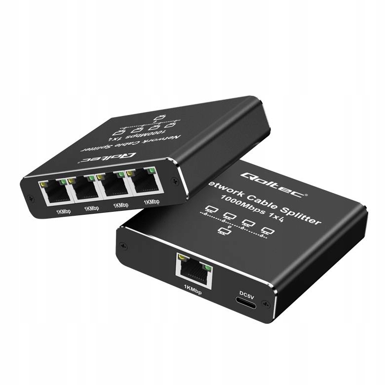 Switch Ethernet mini 1x4 RJ45 Qoltec 1000 Mb/s USB-C aluminiowy splitter