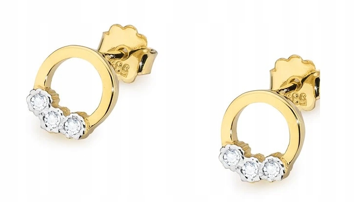 Złote Kolczyki 585 Kółka Z Diamentami 0,05ct Okrągłe Małe Na Sztyfcie