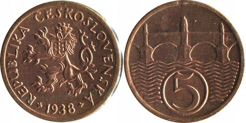 5145. CZECHOSŁOWACJA, 5 HALERZY 1938