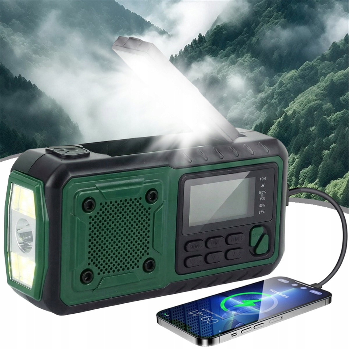 4000 mAh přenosné rádio se svítilnou a power bankou pro hory a kempování