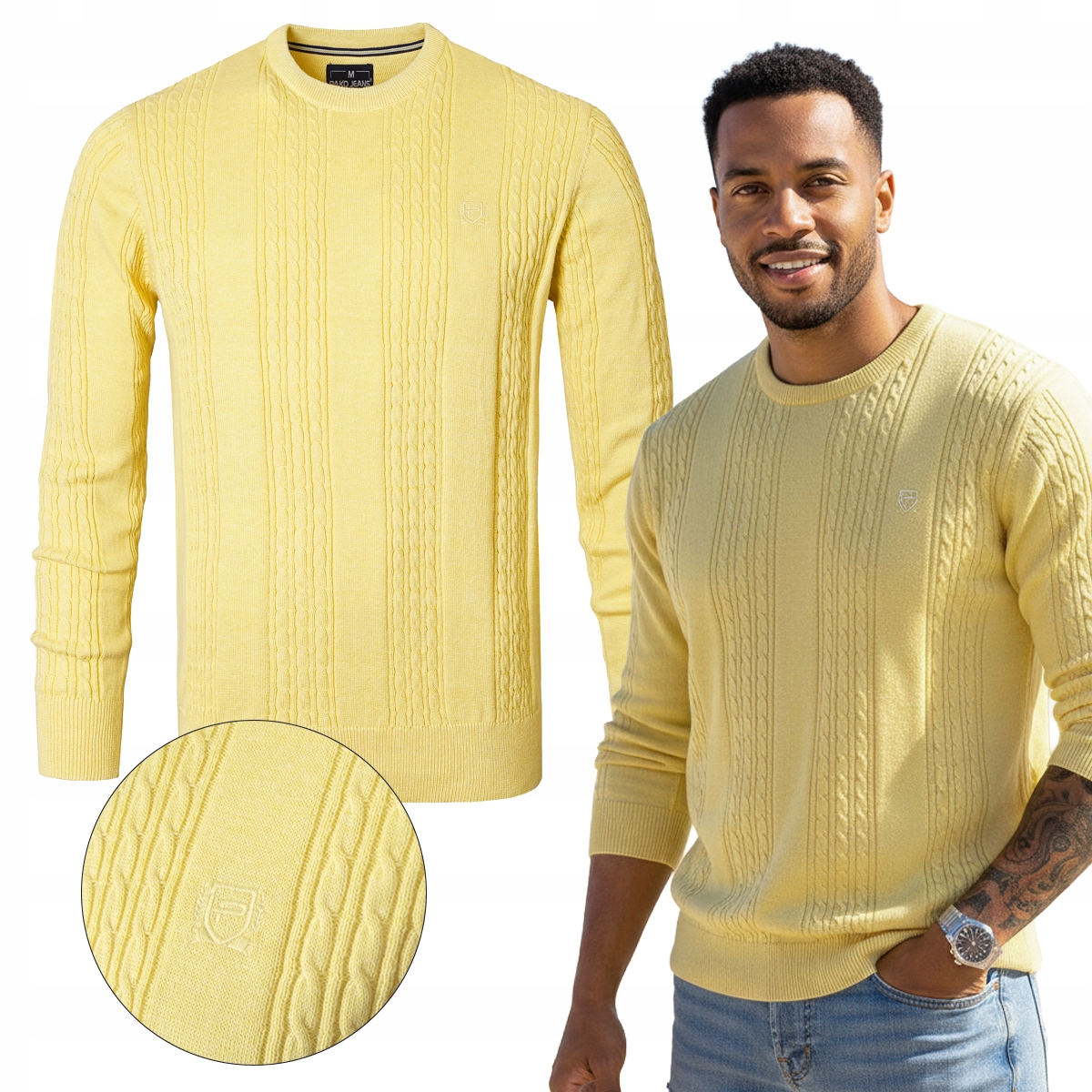 Elegantní pánský bavlněný svetr Žlutý s copánkovou pleteninou L Pako Jeans