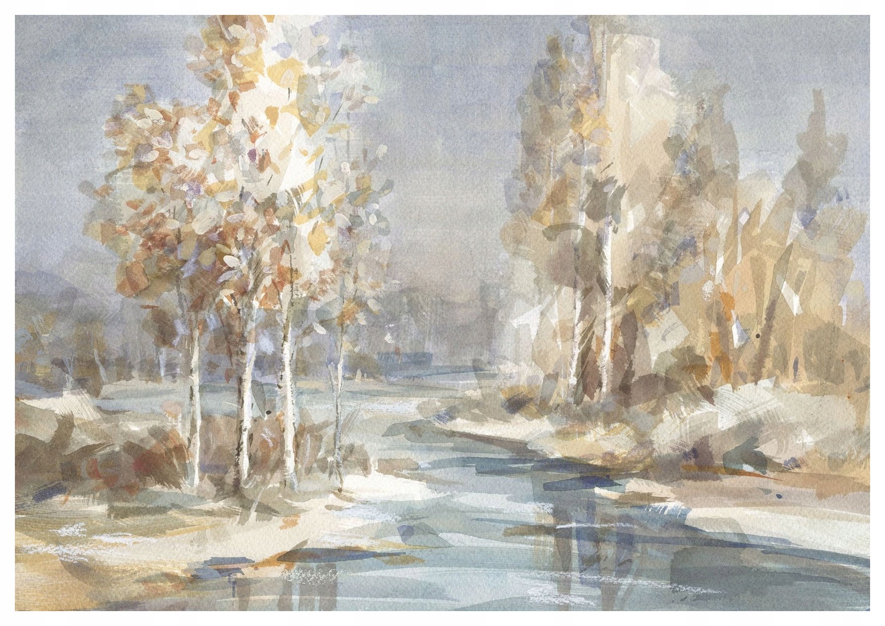 Vliesová fototapeta Zimná krajina rieka stromy akvarel 368x254 lepidlo