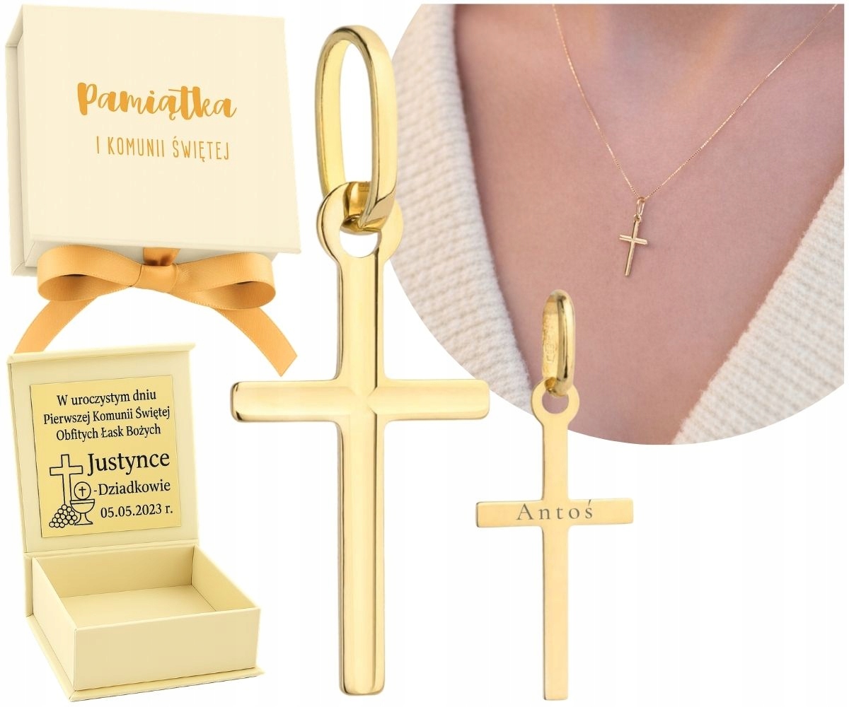 Zlatý jemný křížek Přívěsek 585 Gravírování Dárek Na Křtiny Každou příležitost