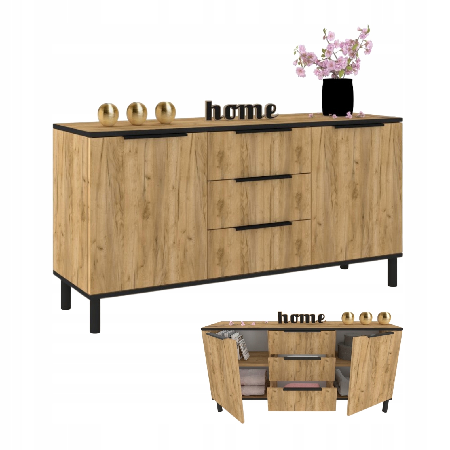 Velká komoda se zásuvkami do obývacího pokoje Vitrína Skříňka Hana Černá Craft 150