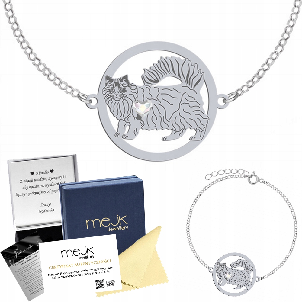 Stříbrný náramek s kočkou Ragdoll ryzost 925 Šperk Dárek Žena Gravírování