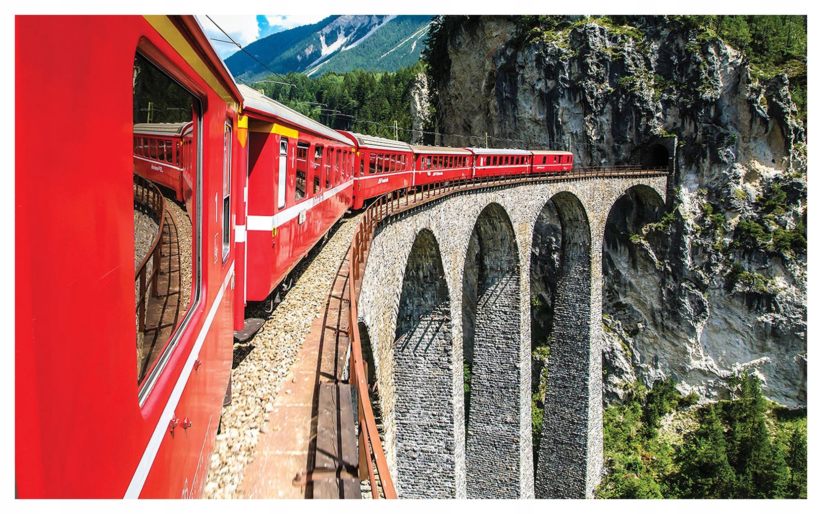 Fototapeta Červený vlak viadukt hory krajina 368x254 vinylová lepidlo