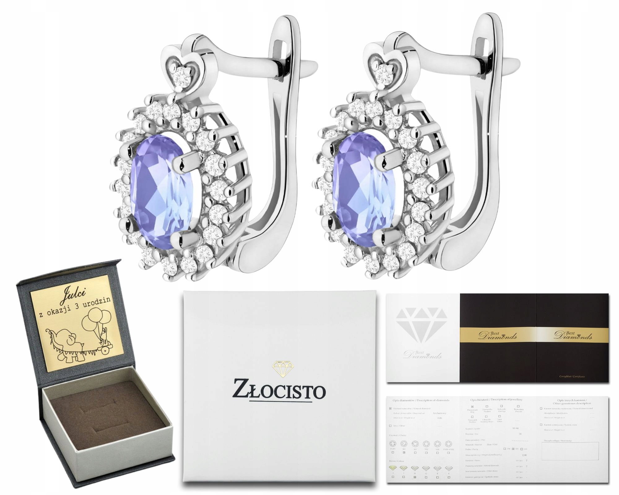 Náušnice z bílého zlata s tanzanity a diamanty 585 14K Zlato Ryzost Dárek
