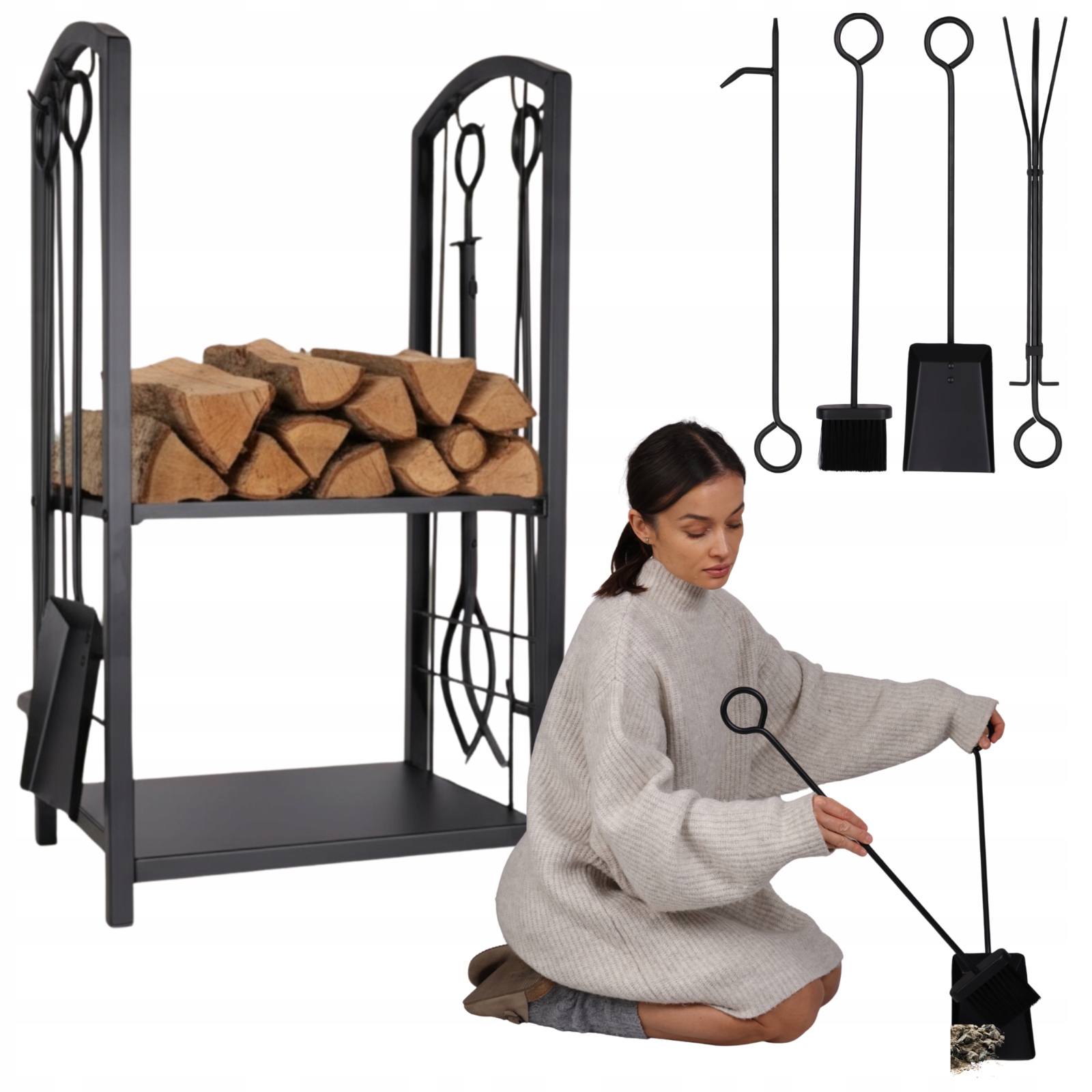 Stojan na drevo do krbu, krbové náradie, sada 5v1, kovový