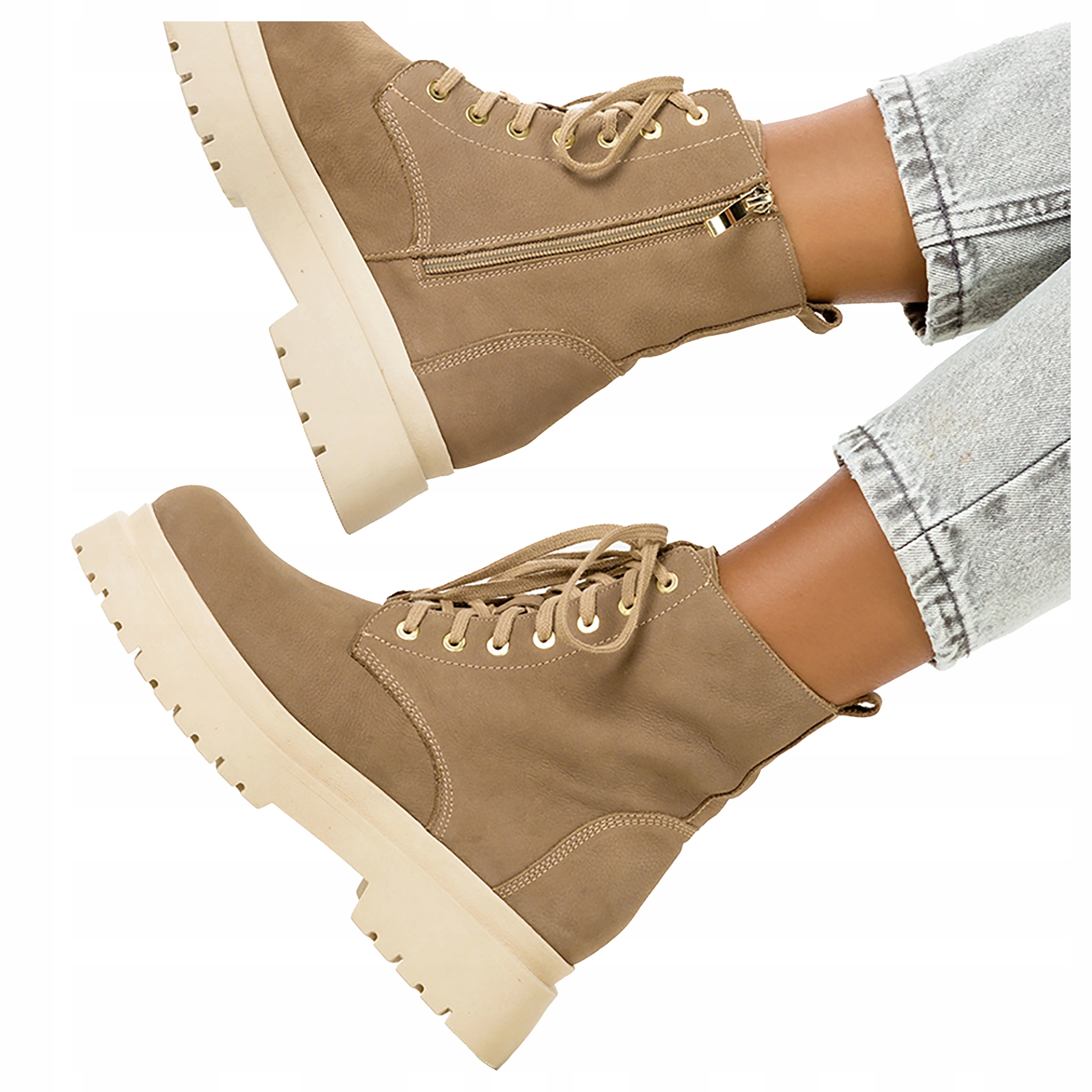 Kotníkové Boty Workery Béžové Kožené na platformě Šněrovací Polský Výrobek vel. 40