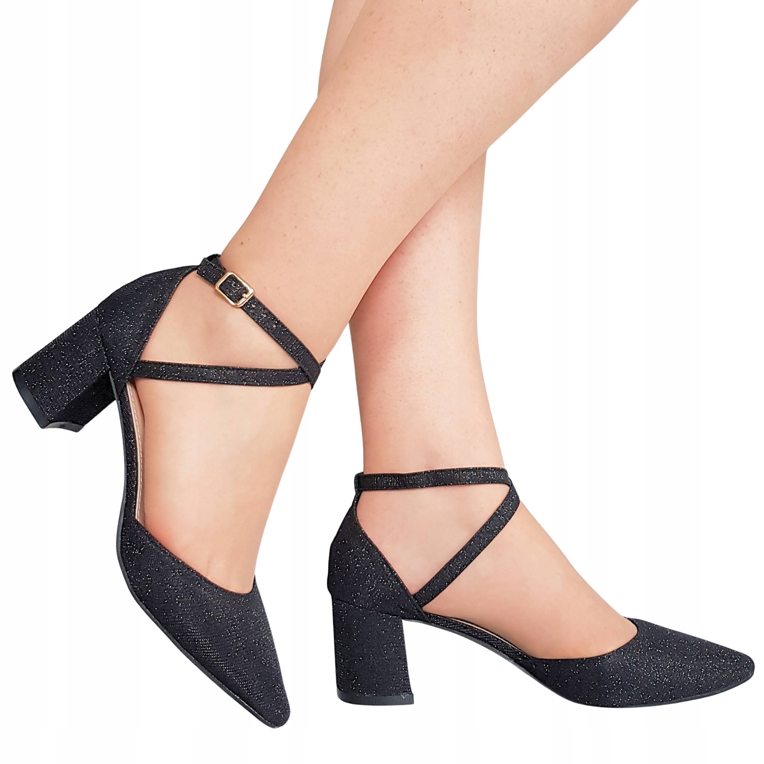 Czarne Brokatowe Przeplatane Buty Czółenka Na Słupku 6 cm 36