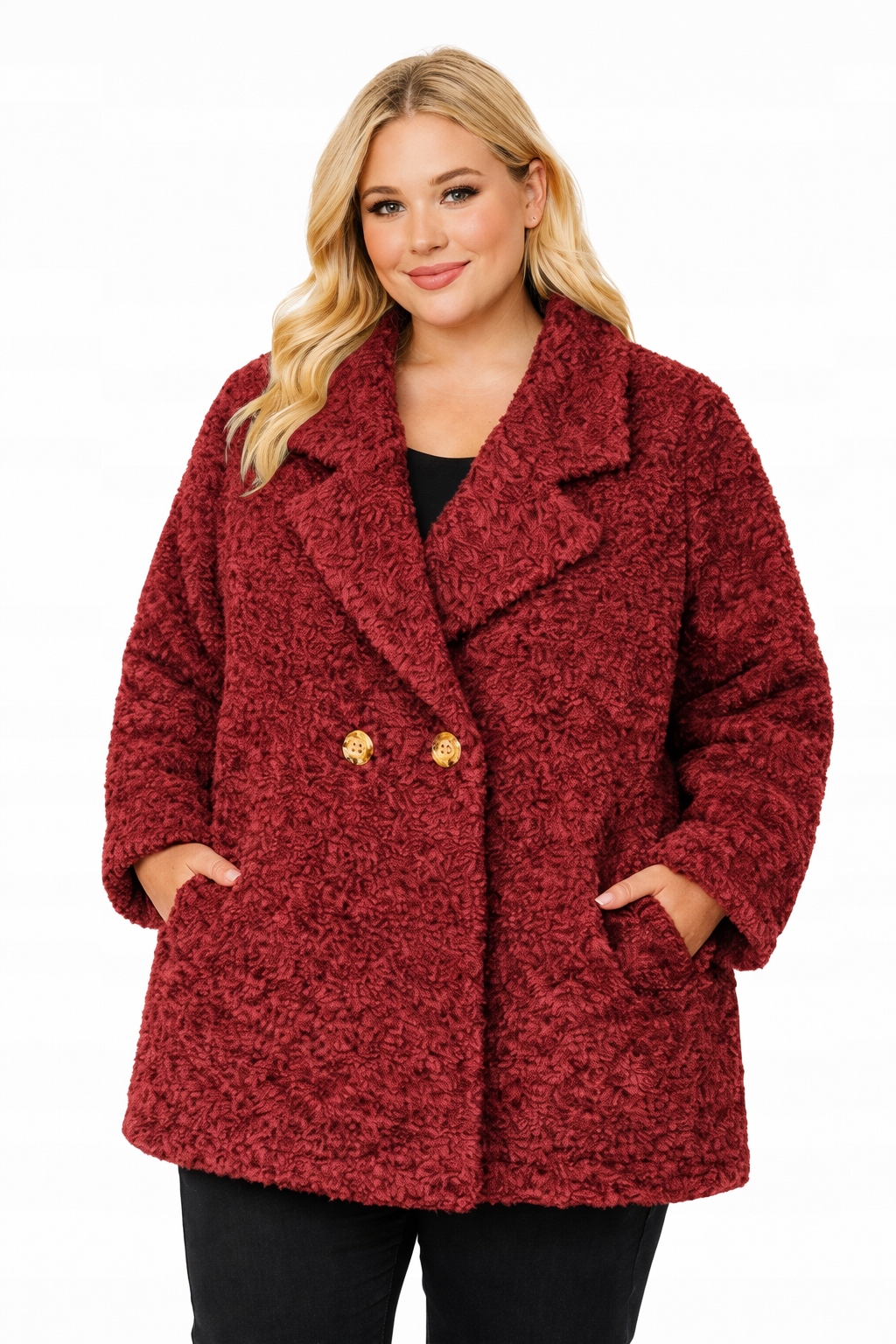 Kabátová bunda Teddy Bukla bordó teplá Plus Size elegantní 50 52 6XL
