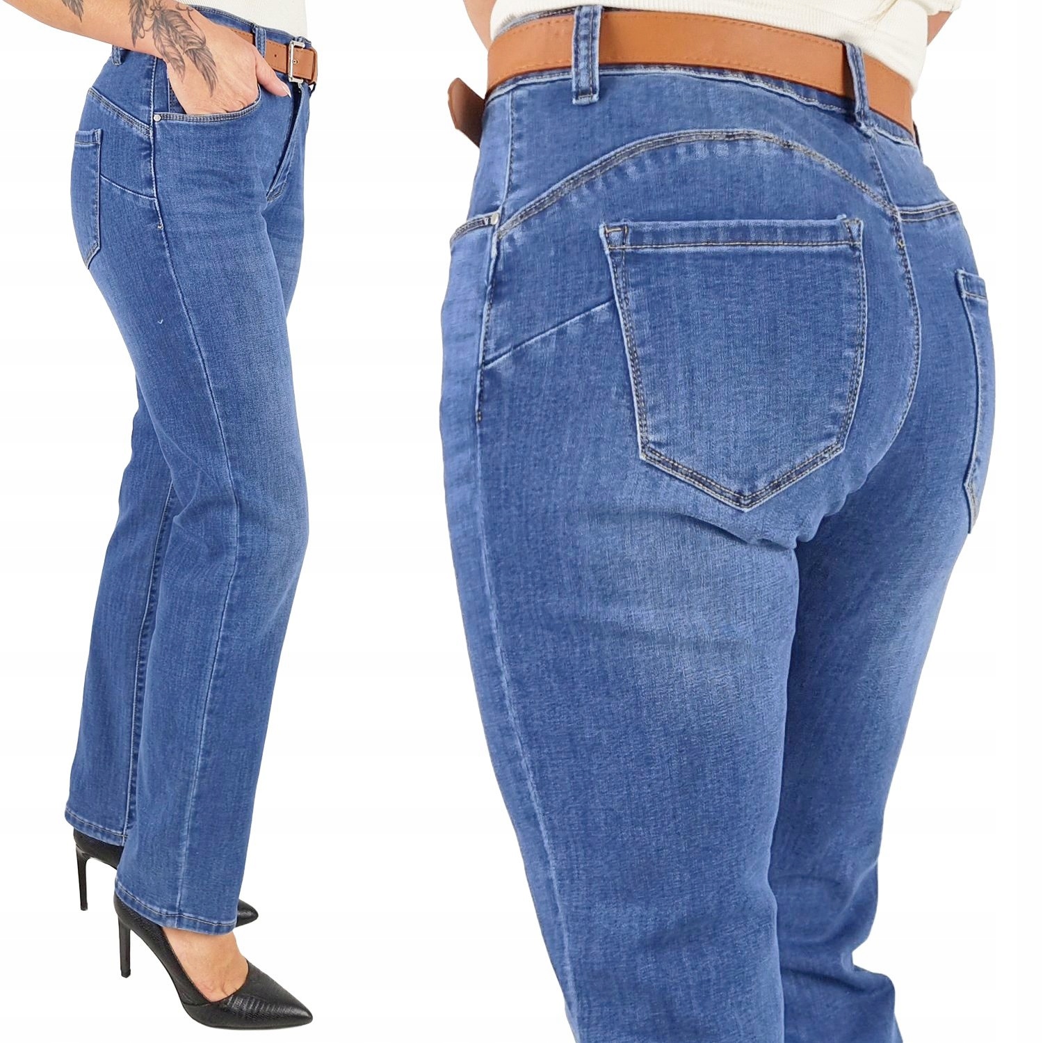 Damskie Spodnie M.sara Wyszczuplające Jeansy Proste Nogawki Długie Pasek