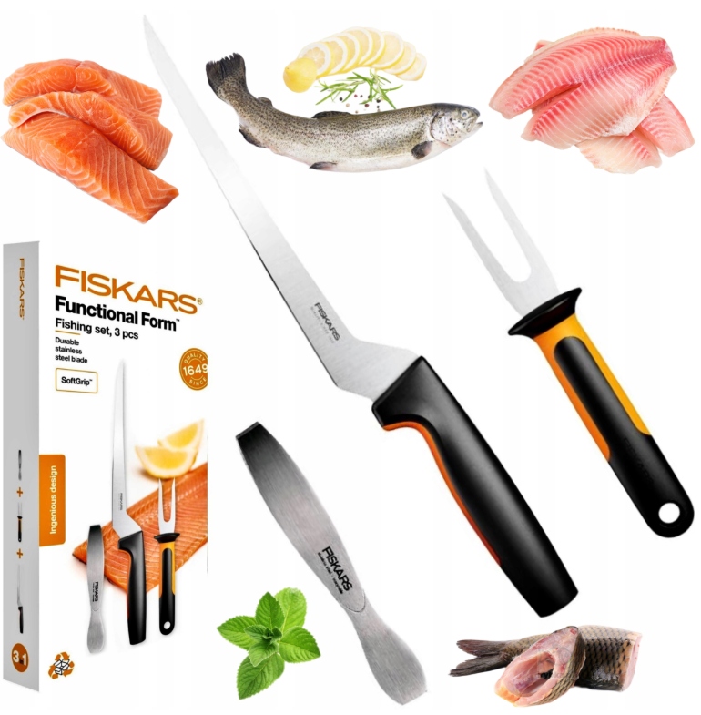 Sada 3 Kuchyňských Nástrojů Fiskars Na Ryby Nůž Vidlička Pinzeta Na Kosti
