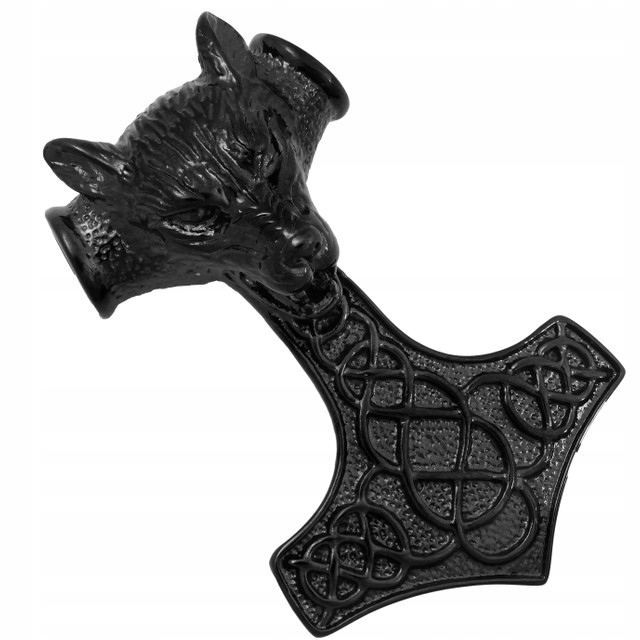 Zawieszka nordycka Młot Thora Wilk czarna wisiorek stal chirurgiczna 316L