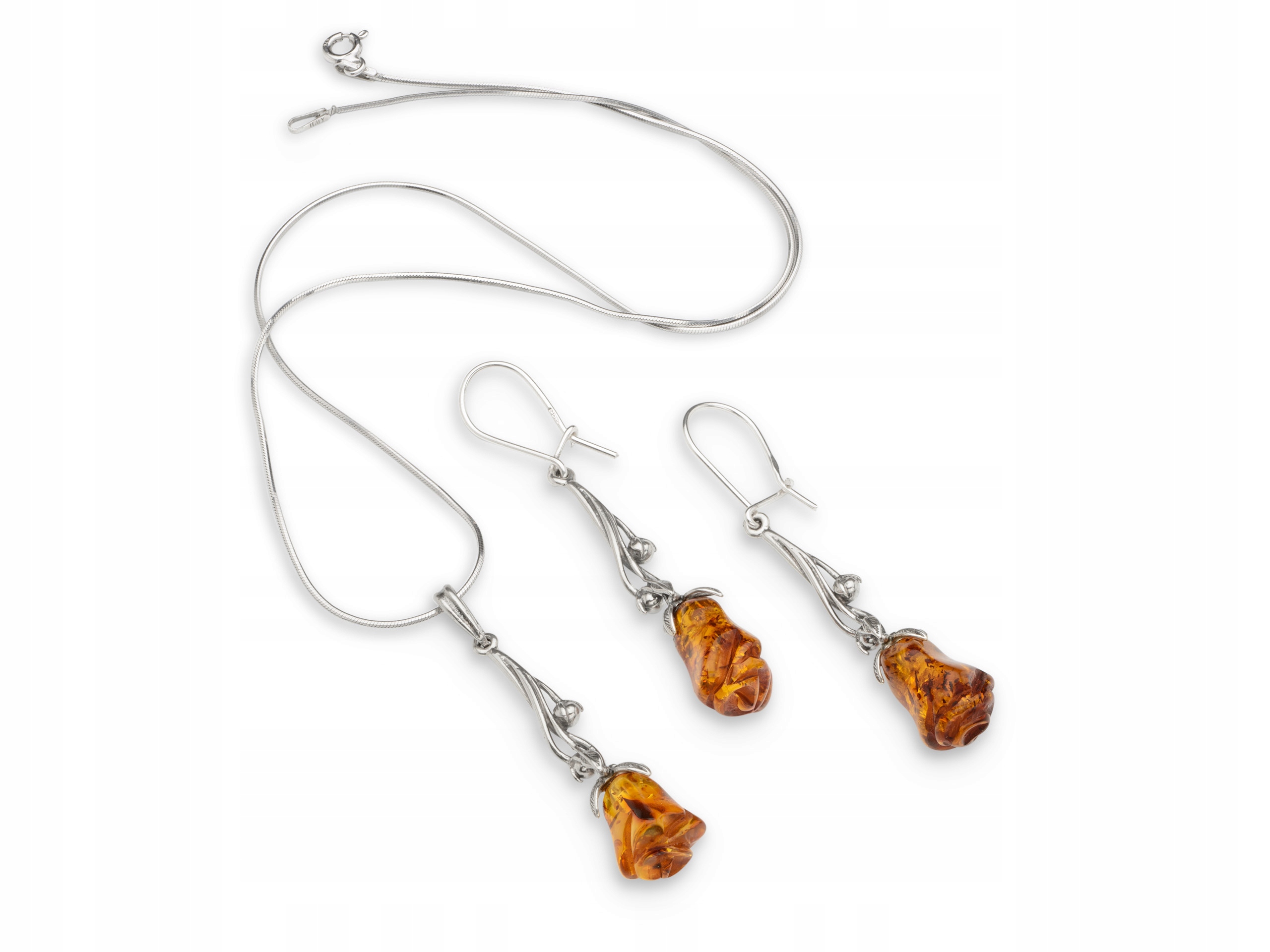 Komplet naszyjnik i kolczyki róże z bursztynu