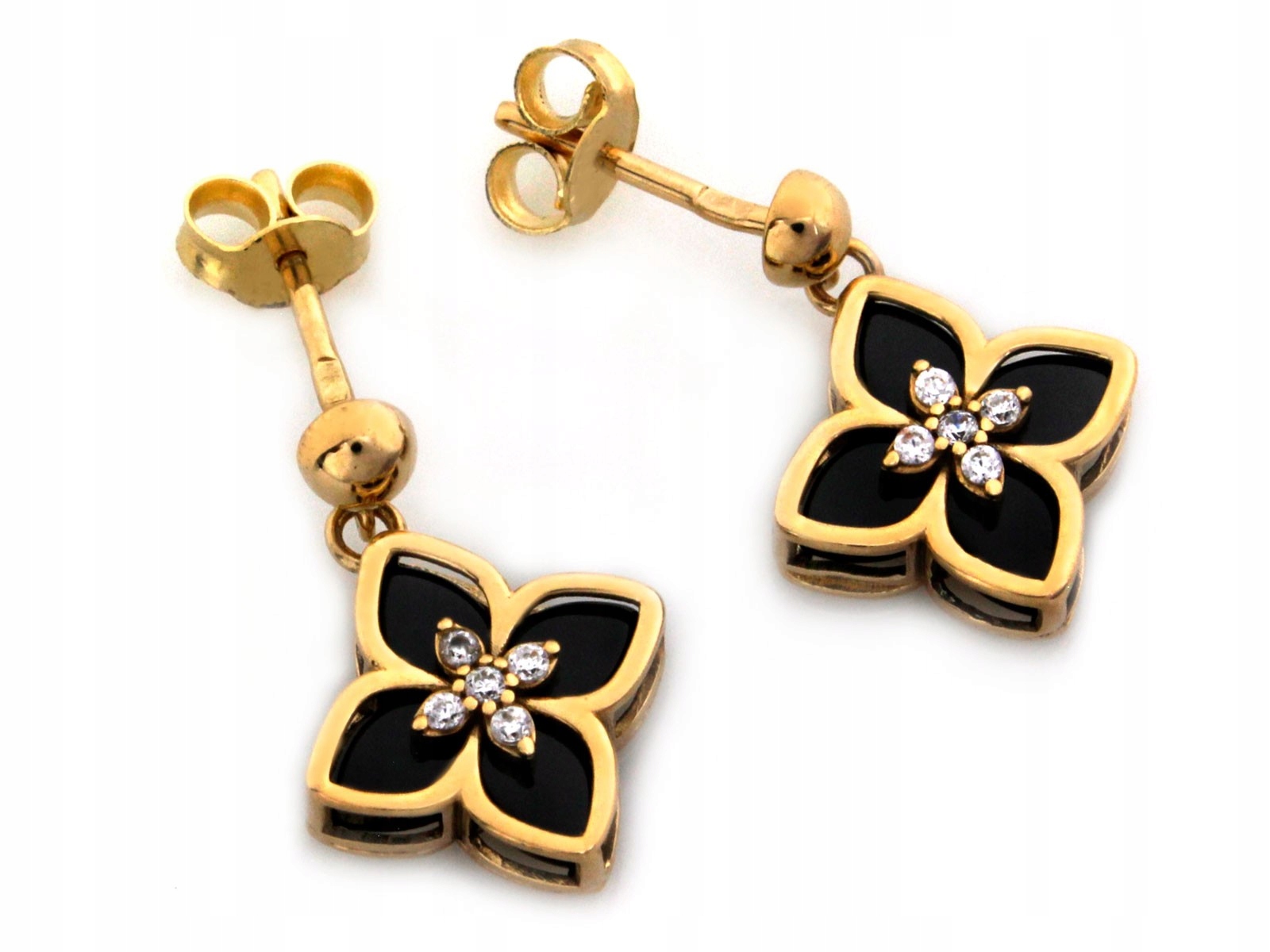 Závěsné náušnice 585, květy z onyxu a zirkonu, zlato, váha 2.51 g jako dárek