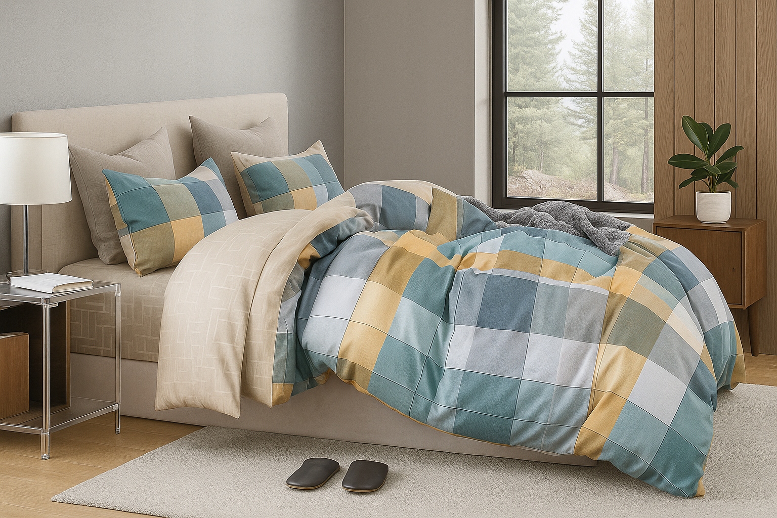 Komplet Pościeli Bawełnianej 3-częściowy 160×200 Poszewki – Nowoczesny Design w kratę