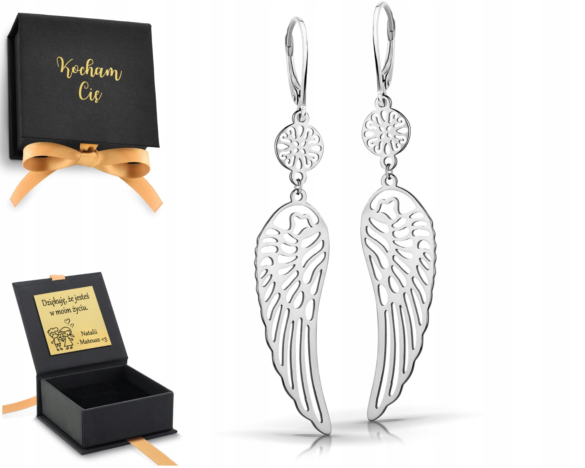 Stříbrné náušnice visící na křídlech anděla dlouhé křídla 925 anglické