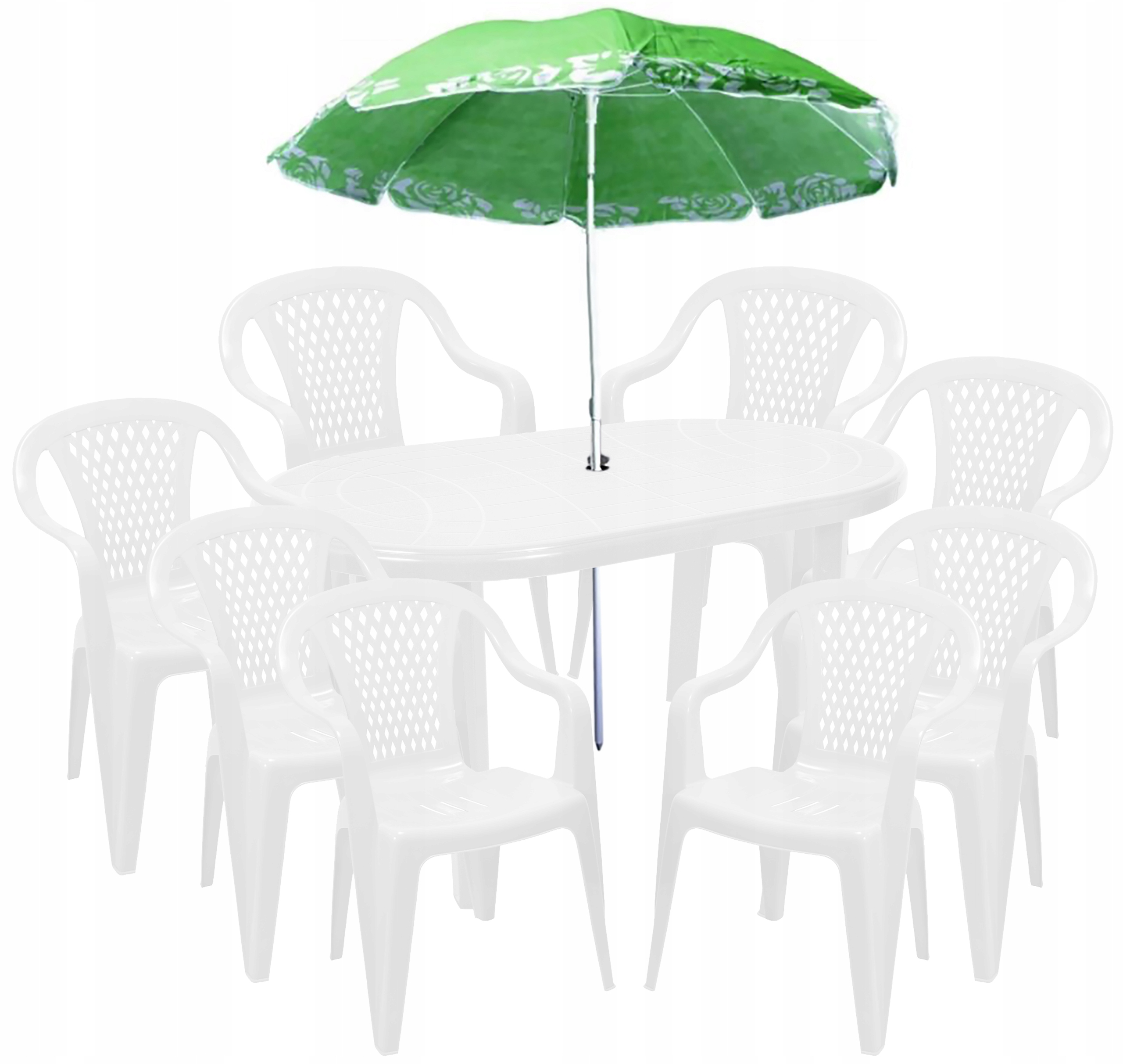 Biały Zestaw 8+1 Stół Krzesła Plastik Parasol