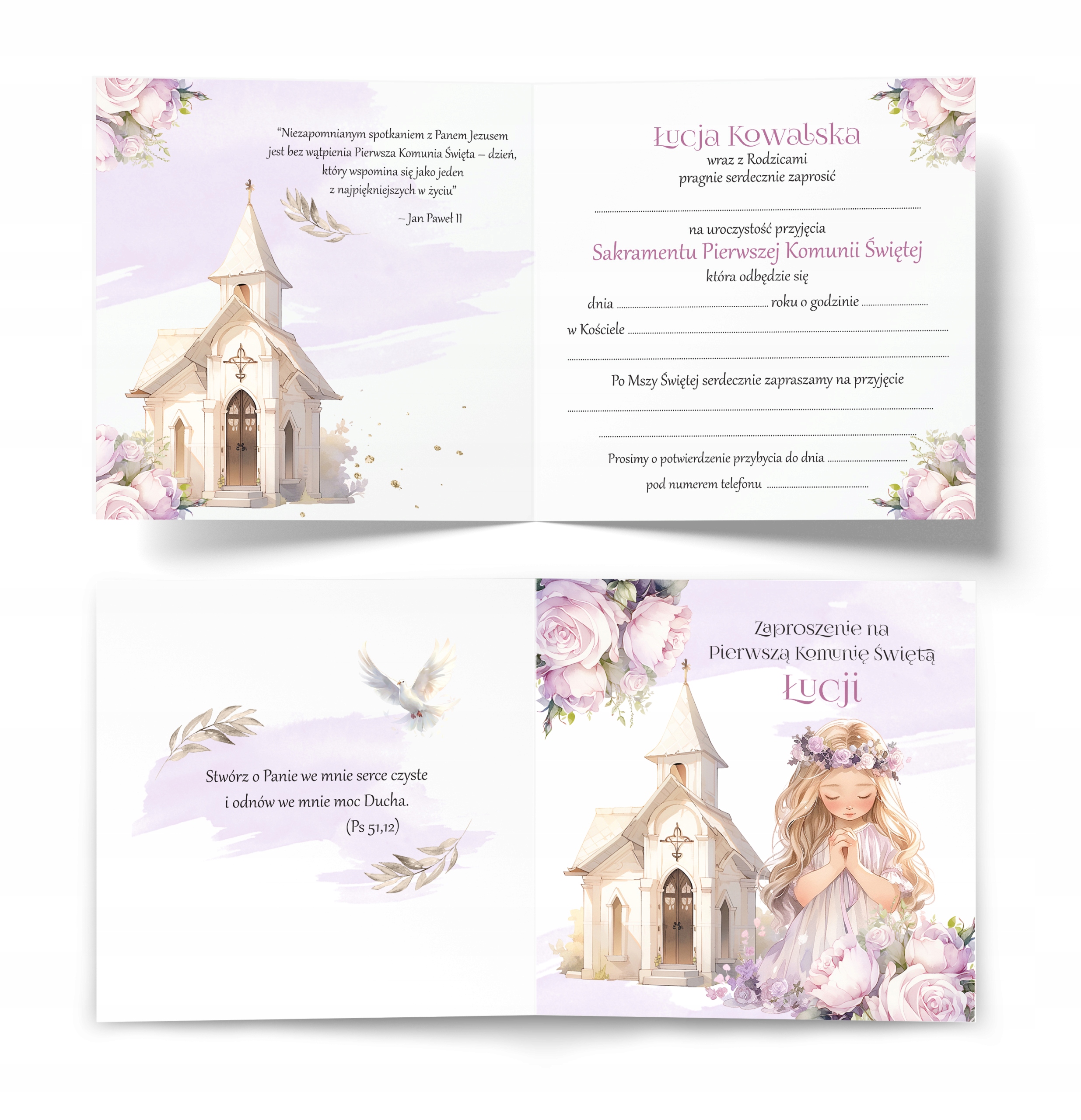 ZAPROSZENIA NA KOMUNIĘ DLA DZIEWCZYNKI + IMIĘ + KOPERTA Wysokość produktu 14.5 cm