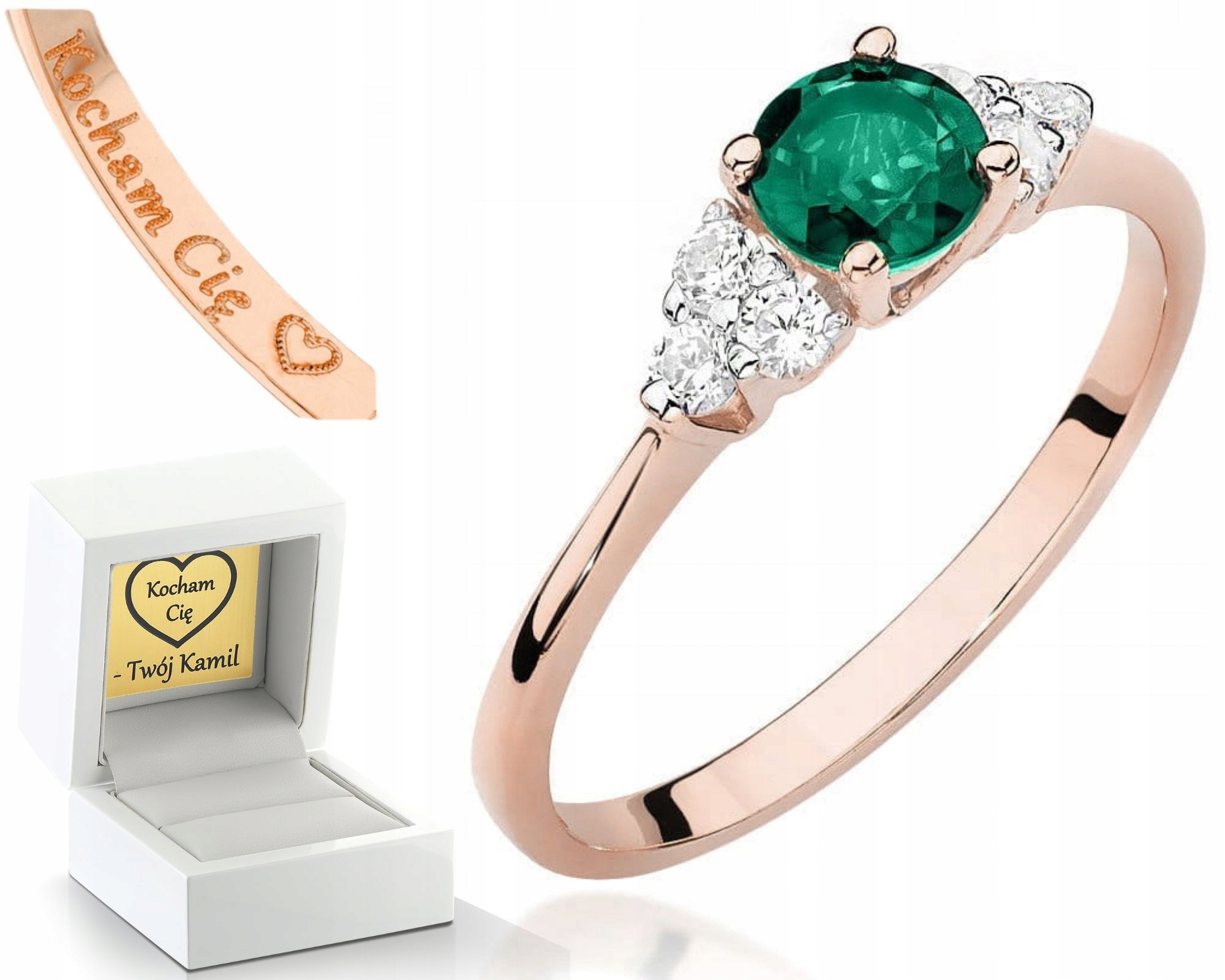 Růžové Zlato Prstýnek Se Smaragdem A Brilianty 585 Gravírování Dárek