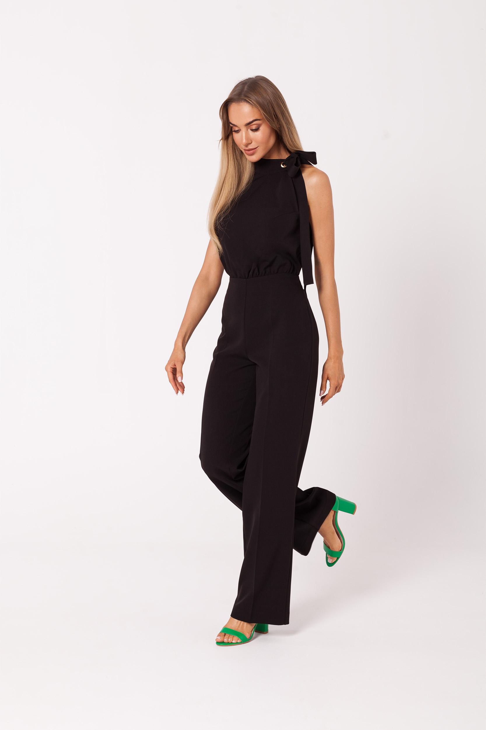 ELEGANCKI DAMSKI KOMBINEZON KOBIECY PIĘKNY WIĄZANY DEKOLT CZARNY 38 M Rodzaj elegancki