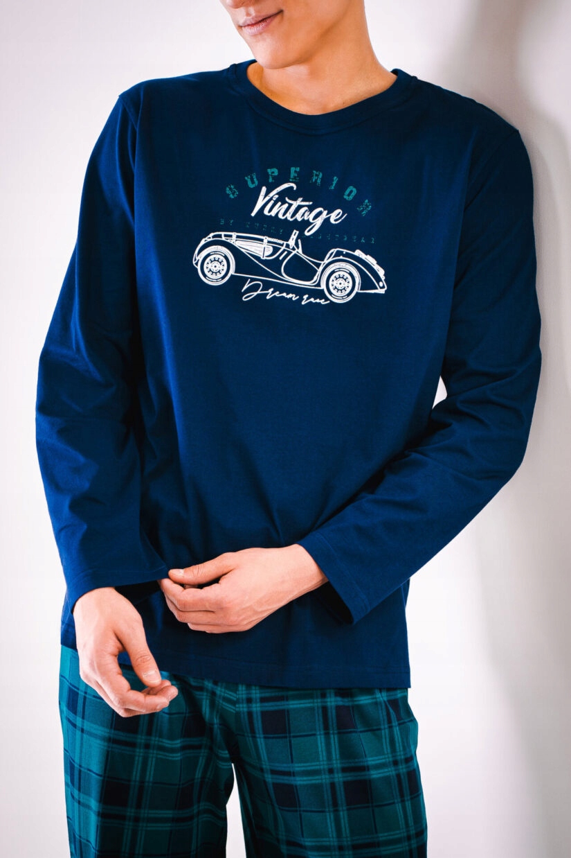 Pánské pyžamo Muzzy Vintage Car s dlouhým rukávem, kalhoty bavlna 100% námořnická modrá vel M