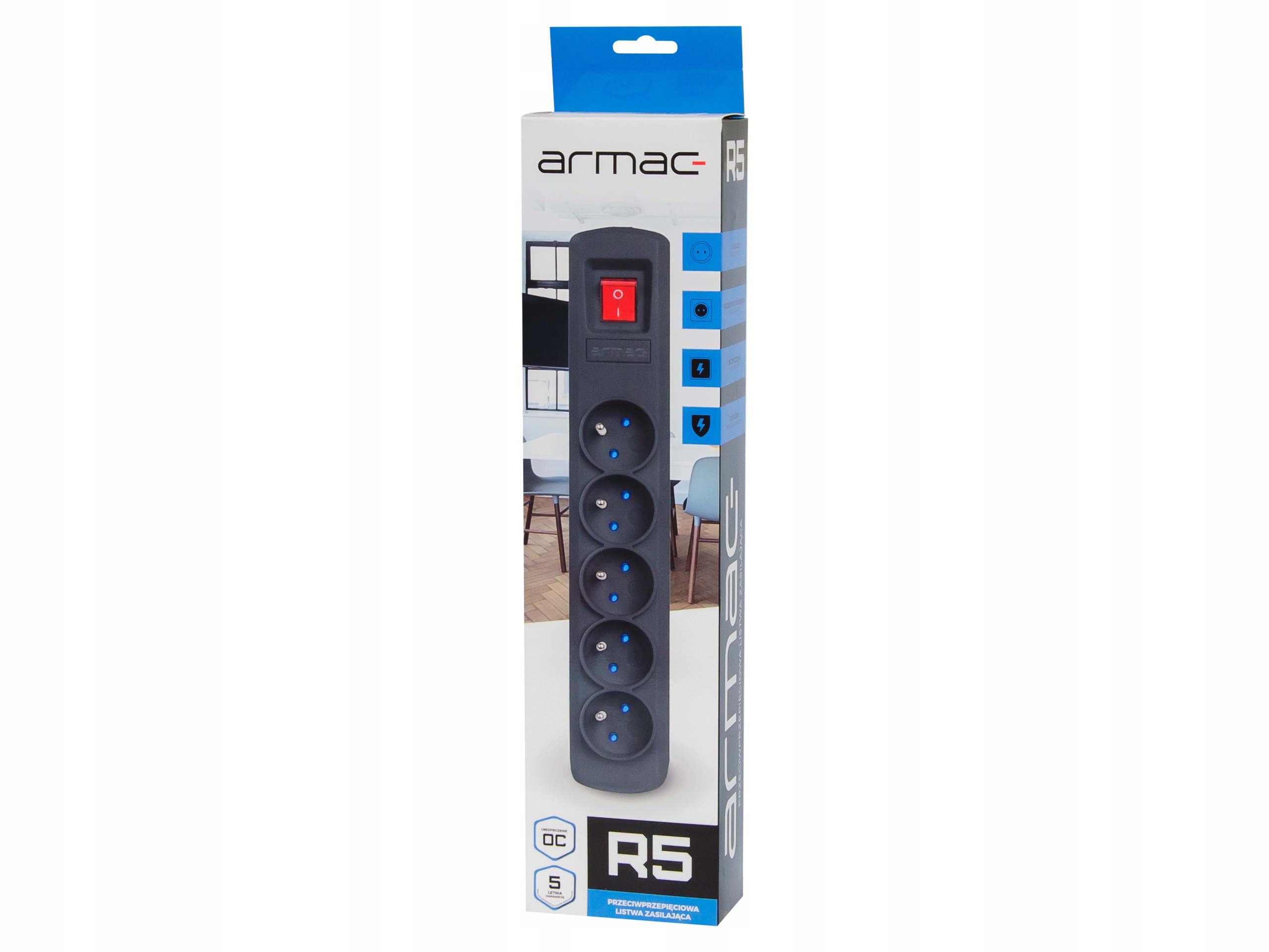 LISTWA ANTYPRZEPIĘCIOWA ZASILAJĄCA PRZEDŁUŻACZ 3M 5GNIAZD CZARNA UZIEMIENIE Marka Armac