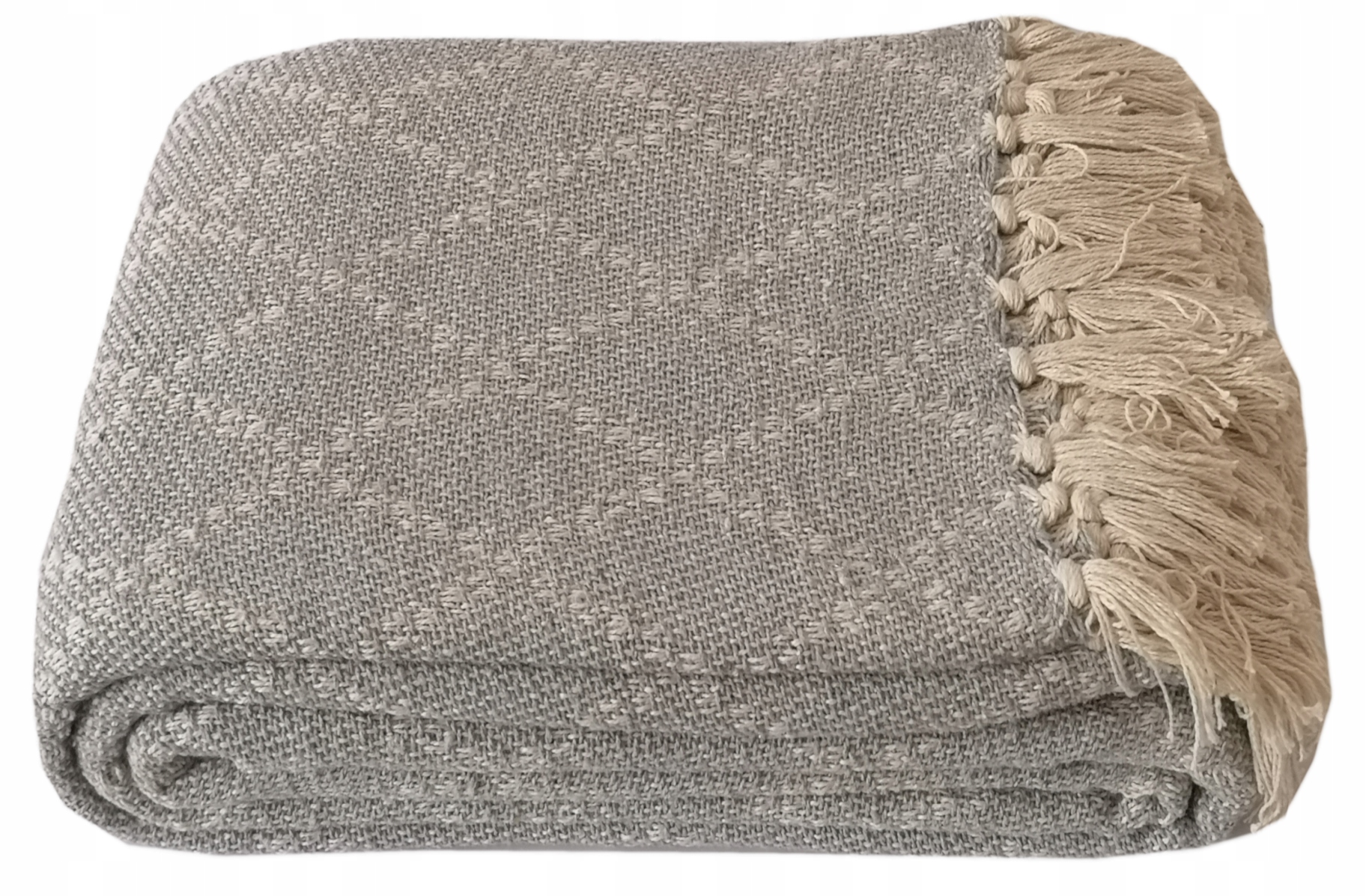 Bawełniana narzuta Bianka 200x220 boho loft w romby frędzle kremowa szara