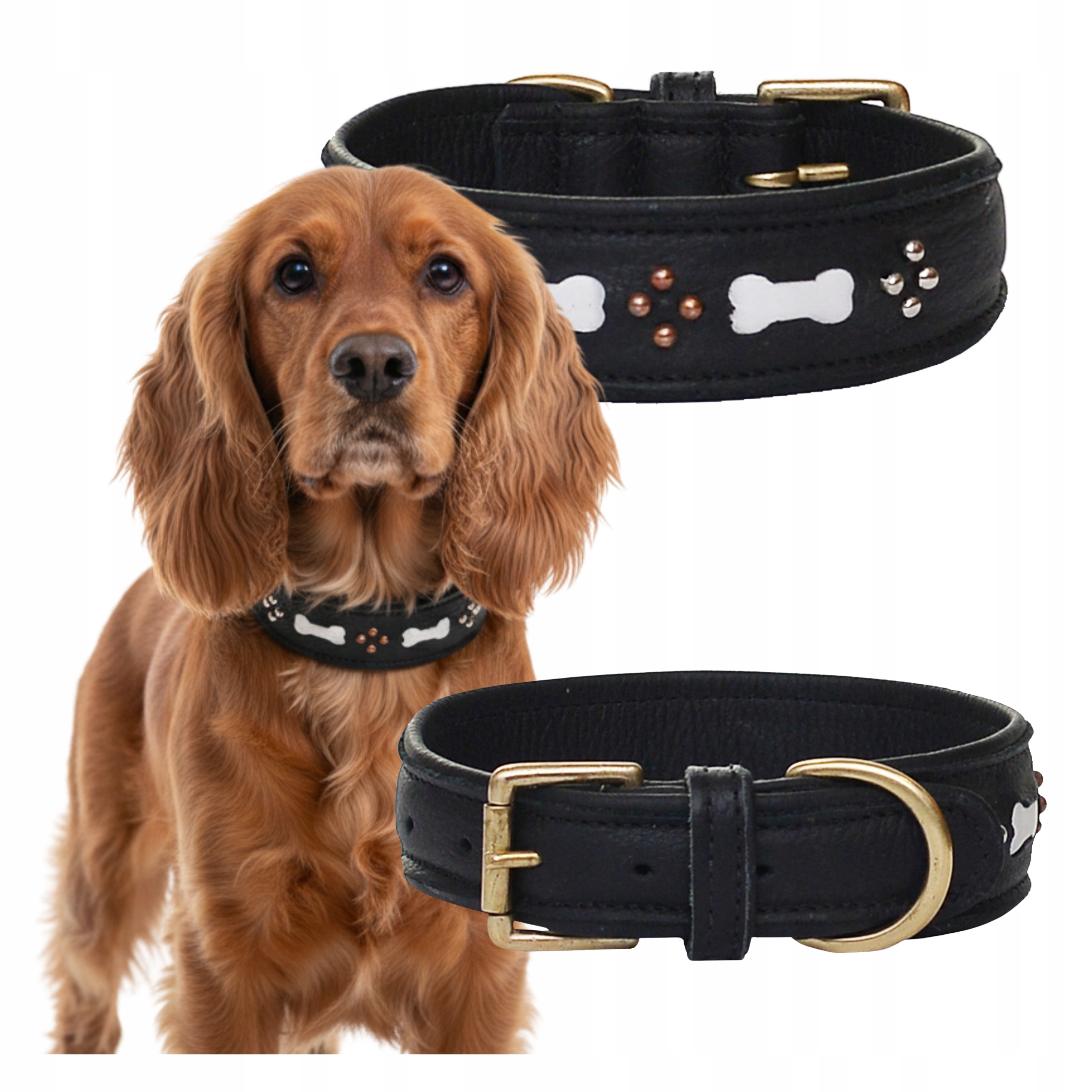 Kožený obojek střední pro psa M 52 cm Cvočky Kost Černá Ručně šitý