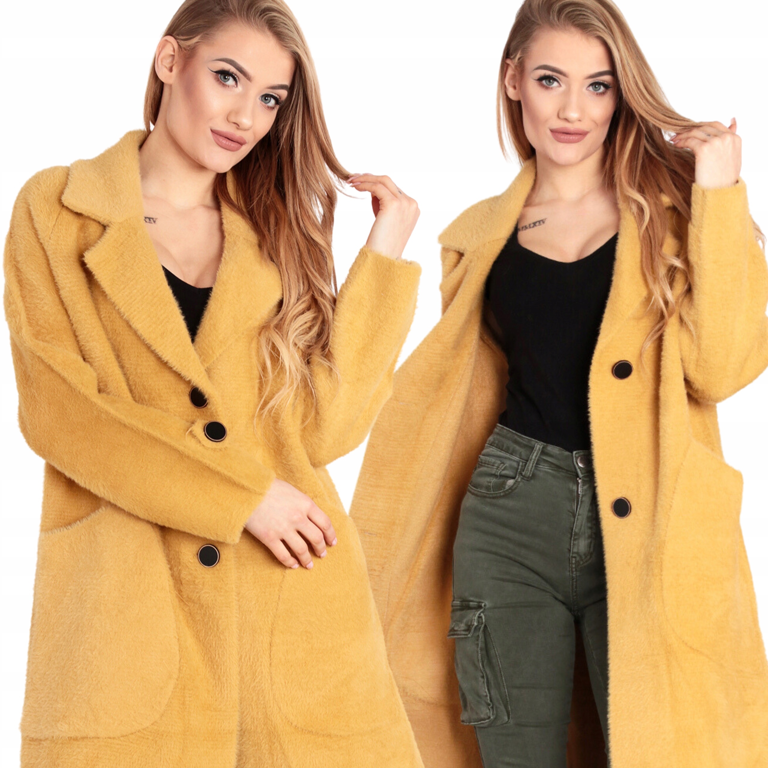 Płaszcz Damski Kobiecy Modny Alpaka Miodowy 2017