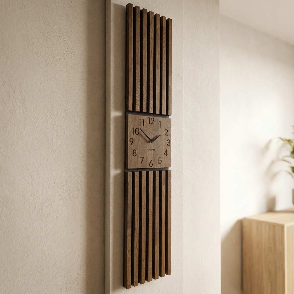 Velký dubový panel Hodiny v Lamelách 155x30 cm hnědý černý tichý do obývacího pokoje