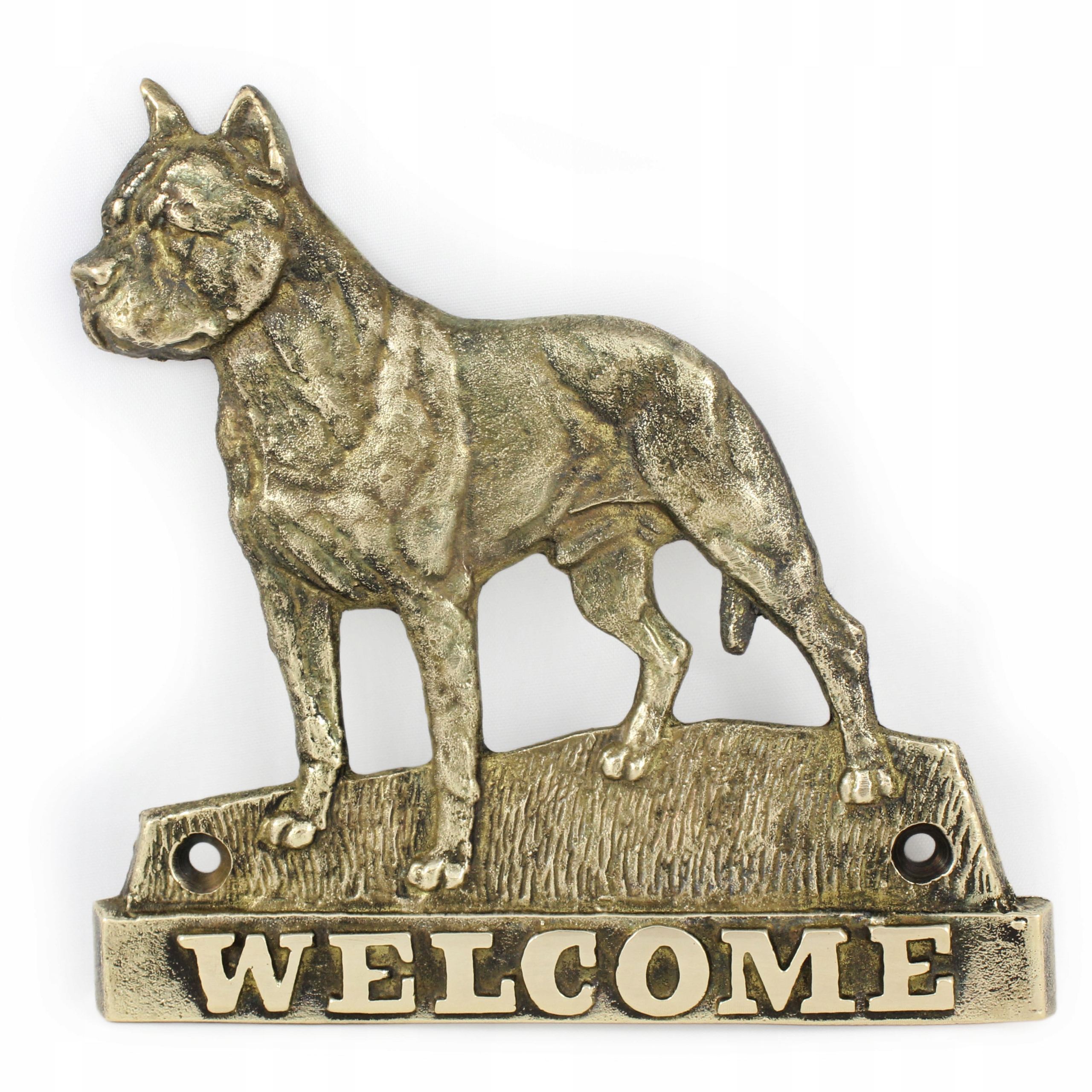 Staford Amstaff mosadzná tabuľa na dvere so psom, štítok Welcome