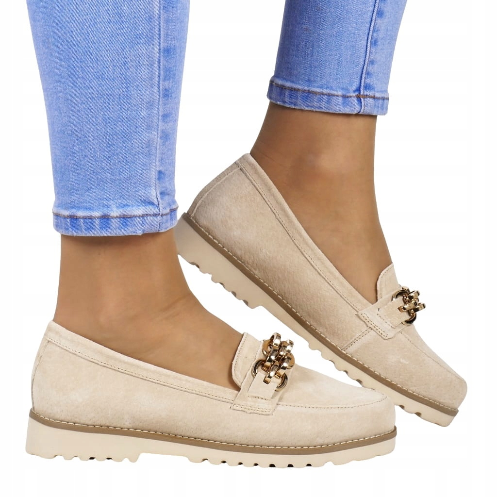 Béžové Semišové Kožené Boty Mokasíny Loafersy Zlatá Ozdoba Pohodlné Viz
