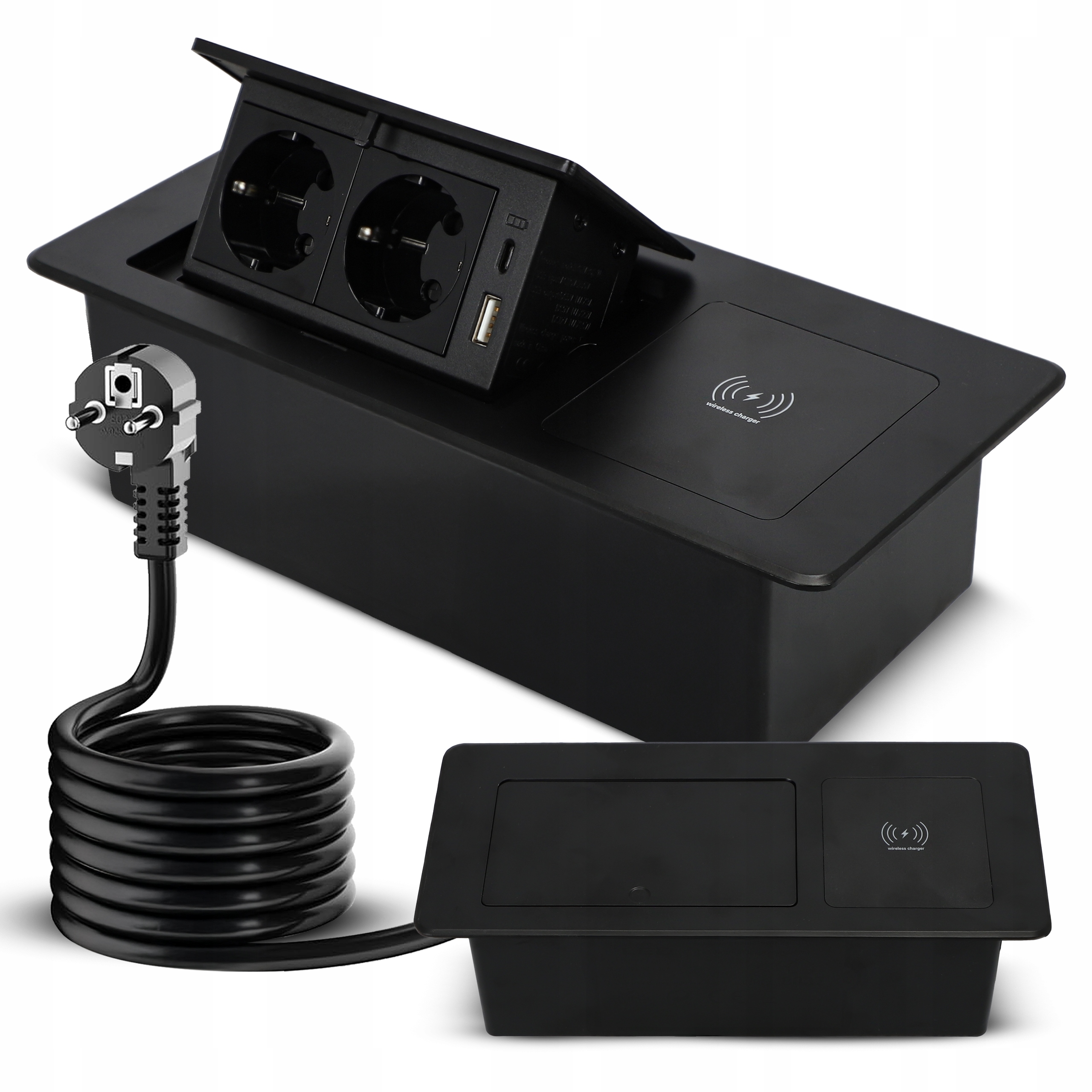 Gniazdo Nablatowe Chowane w Blat Ładowarka Qi Wpuszczane 2X 230V Usb C