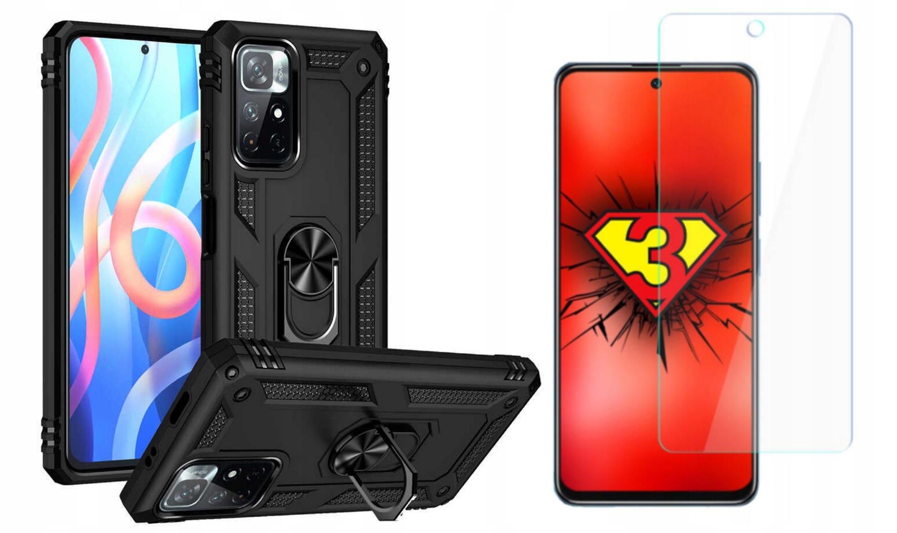 Etui pancerne z ringiem na Xiaomi Poco M4 czarne 3 szkła hartowane