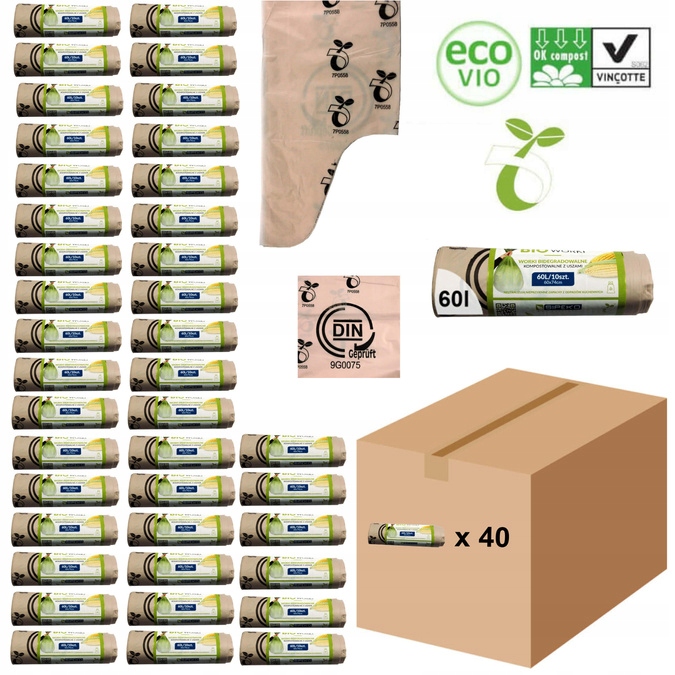 Levně Biologicky rozložitelné kompostovatelné sáčky Atest 60L 400 kusů 40 rolí Sipeko