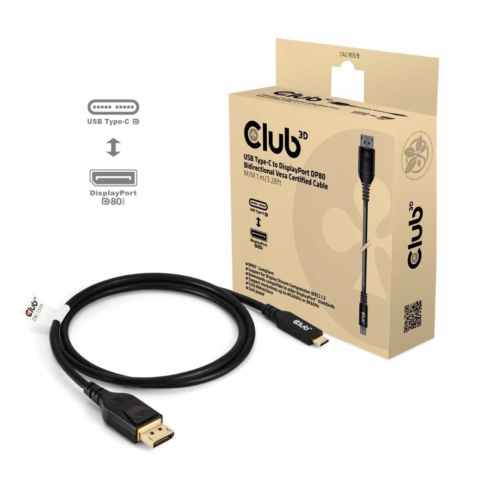 Club 3D Kábel Usb-c na DisplayPort 2.1, 10K60Hz, DSC1.2, UHBR10, 1m