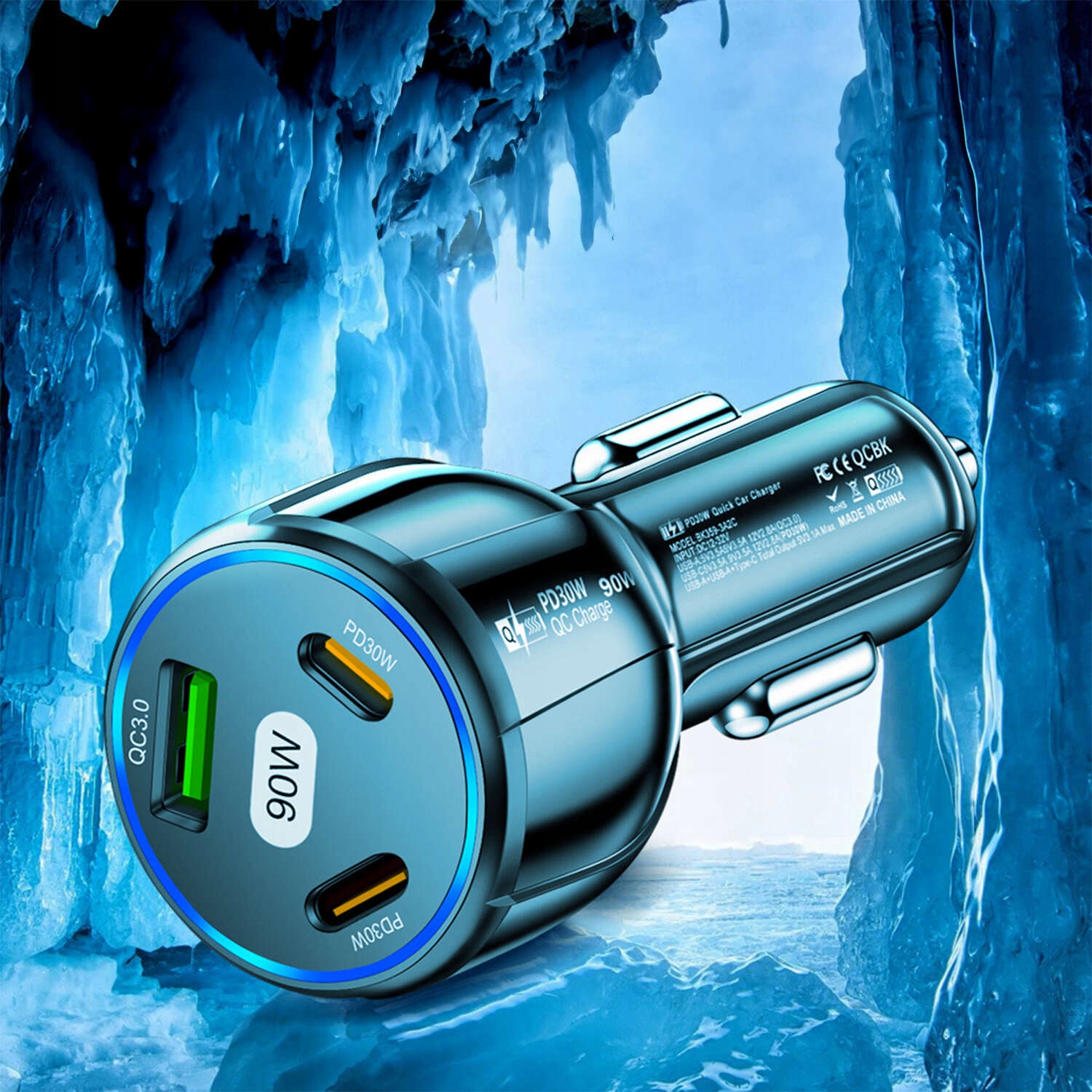 ŁADOWARKA SAMOCHODOWA 2x USB C PD 30W USB QC 3.0 LED SZYBKA DO TELEFONU 90W Zgodność ze standardem Quick Charge 1.0 Quick Charge 2.0 Quick Charge 3.0