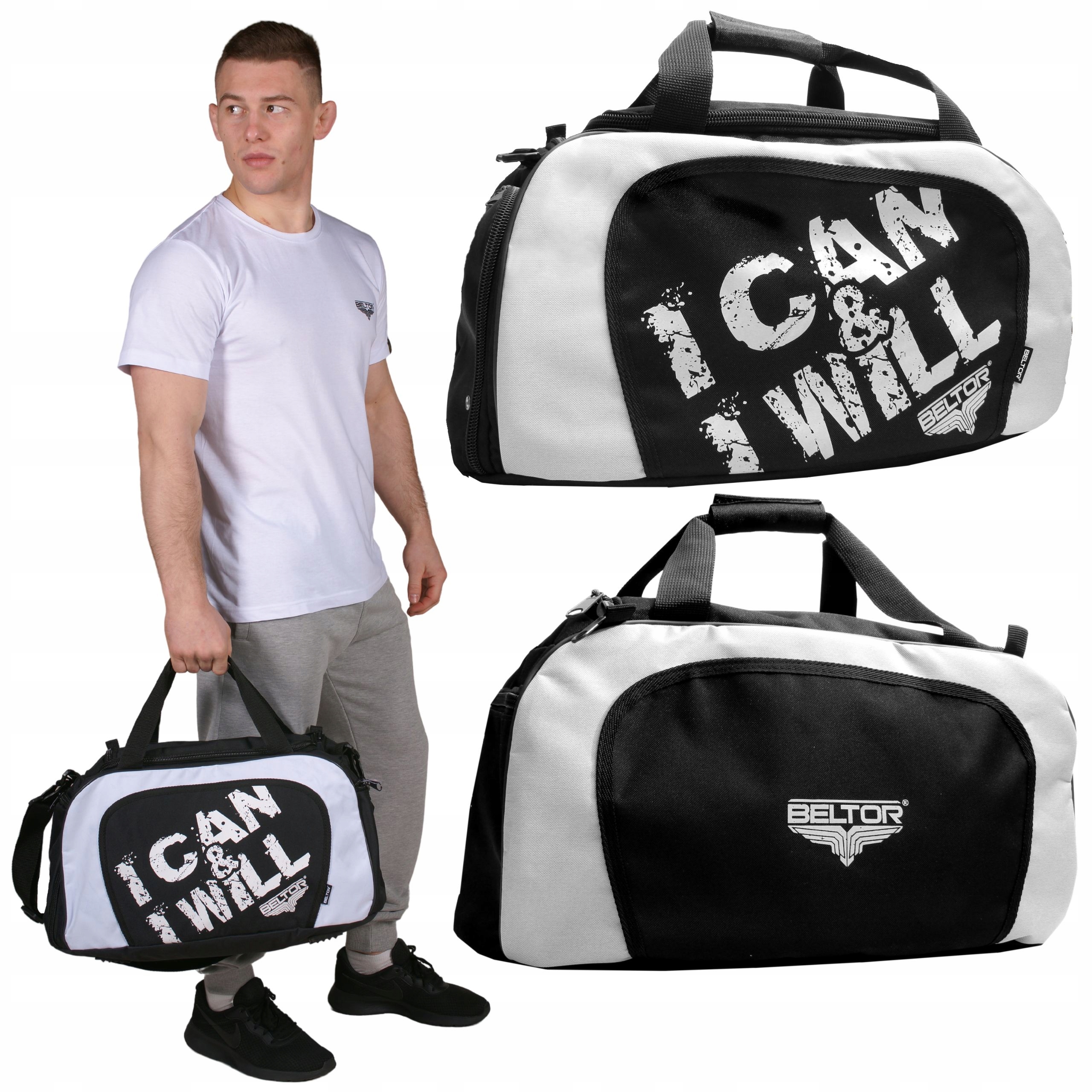 Beltor Torba Treningowa Sportowa Fitness Na Siłownię Podróżna Czarno Biała