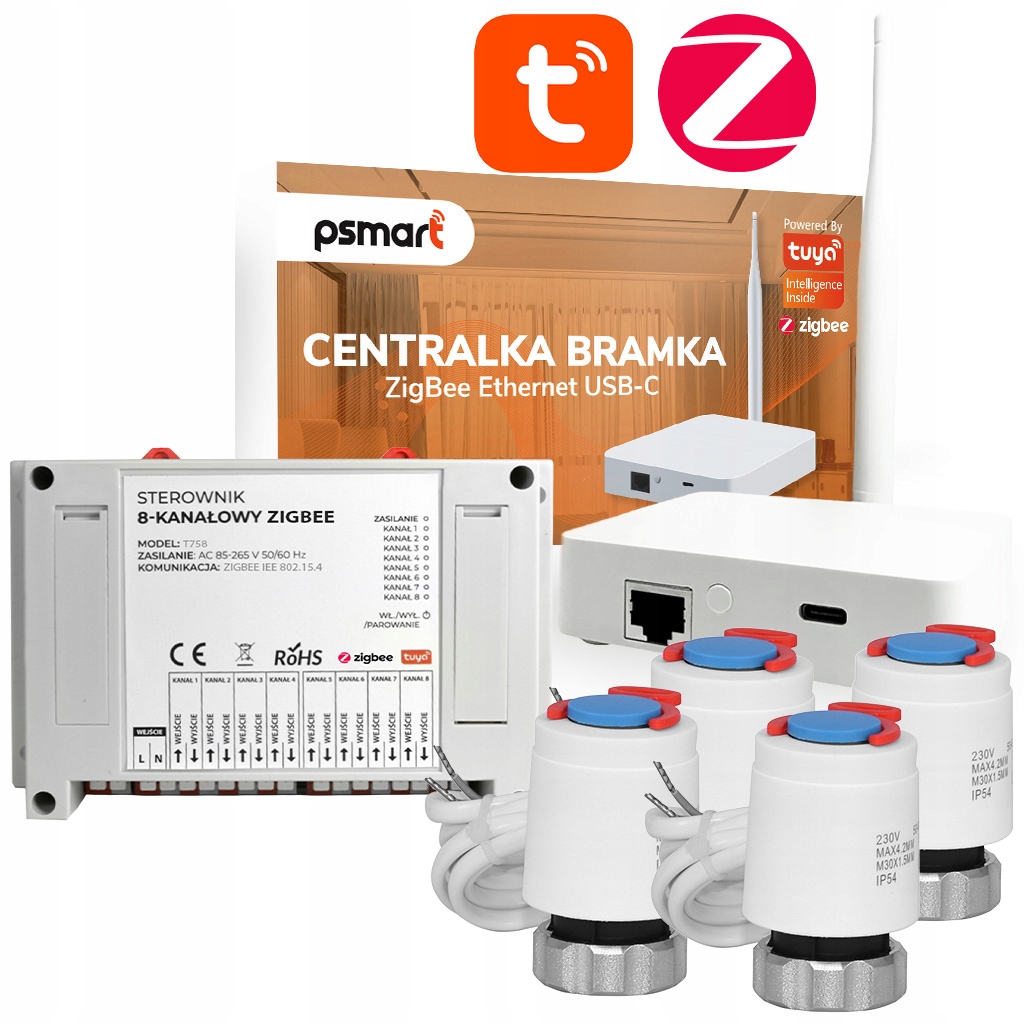 Zestaw do ogrzewania podłogowego 4x siłownik sterownik bramka ZigBee Tuya
